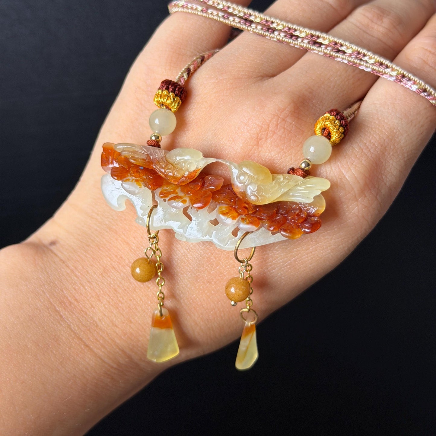 Xiu Jade Magpie Birds and Flower Hand Carved Pendant Adjustable Necklace Choker: Certified Natural Serpentine Multicolor Brown Yellow White Jade Handcrafted Charm | Fortune & Happiness | Stone Crystal Gemstone Jewellery  Gift for her, brown jade carving yellow jade white jade Braided necklace plum blossom carving flower carving hand engraved flower chinese jade pendant necklace vintage necklace antique necklace certificate jade natural untreated jade certified jade modern necklace bird carving