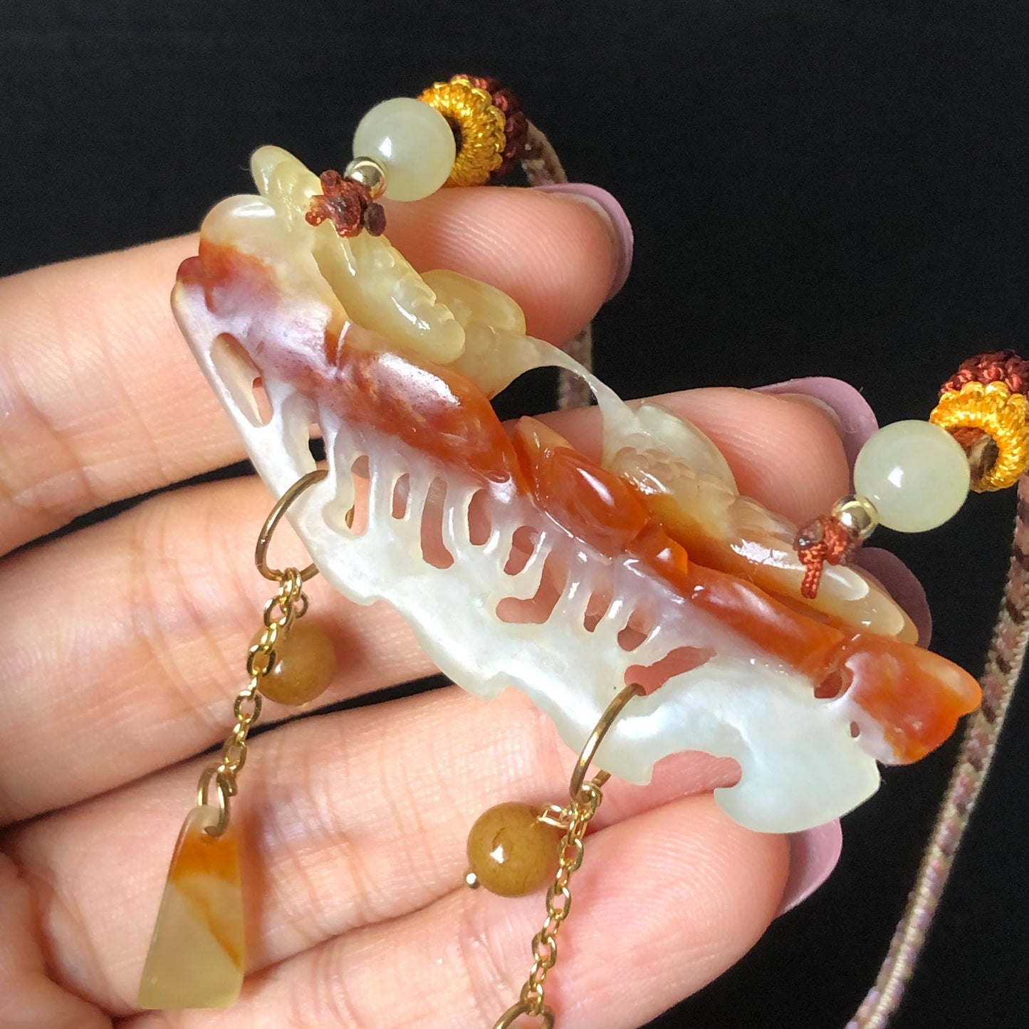 Xiu Jade Magpie Birds and Flower Hand Carved Pendant Adjustable Necklace Choker: Certified Natural Serpentine Multicolor Brown Yellow White Jade Handcrafted Charm | Fortune & Happiness | Stone Crystal Gemstone Jewellery  Gift for her, brown jade carving yellow jade white jade Braided necklace plum blossom carving flower carving hand engraved flower chinese jade pendant necklace vintage necklace antique necklace certificate jade natural untreated jade certified jade modern necklace bird carving