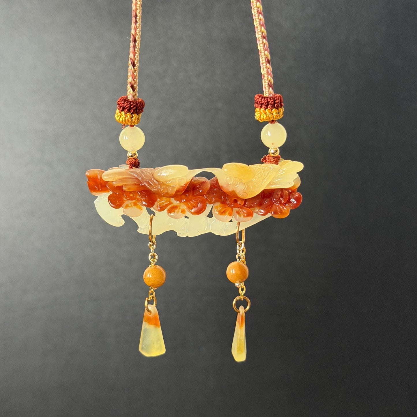 Xiu Jade Magpie Birds and Flower Hand Carved Pendant Adjustable Necklace Choker: Certified Natural Serpentine Multicolor Brown Yellow White Jade Handcrafted Charm | Fortune & Happiness | Stone Crystal Gemstone Jewellery  Gift for her, brown jade carving yellow jade white jade Braided necklace plum blossom carving flower carving hand engraved flower chinese jade pendant necklace vintage necklace antique necklace certificate jade natural untreated jade certified jade modern necklace bird carving