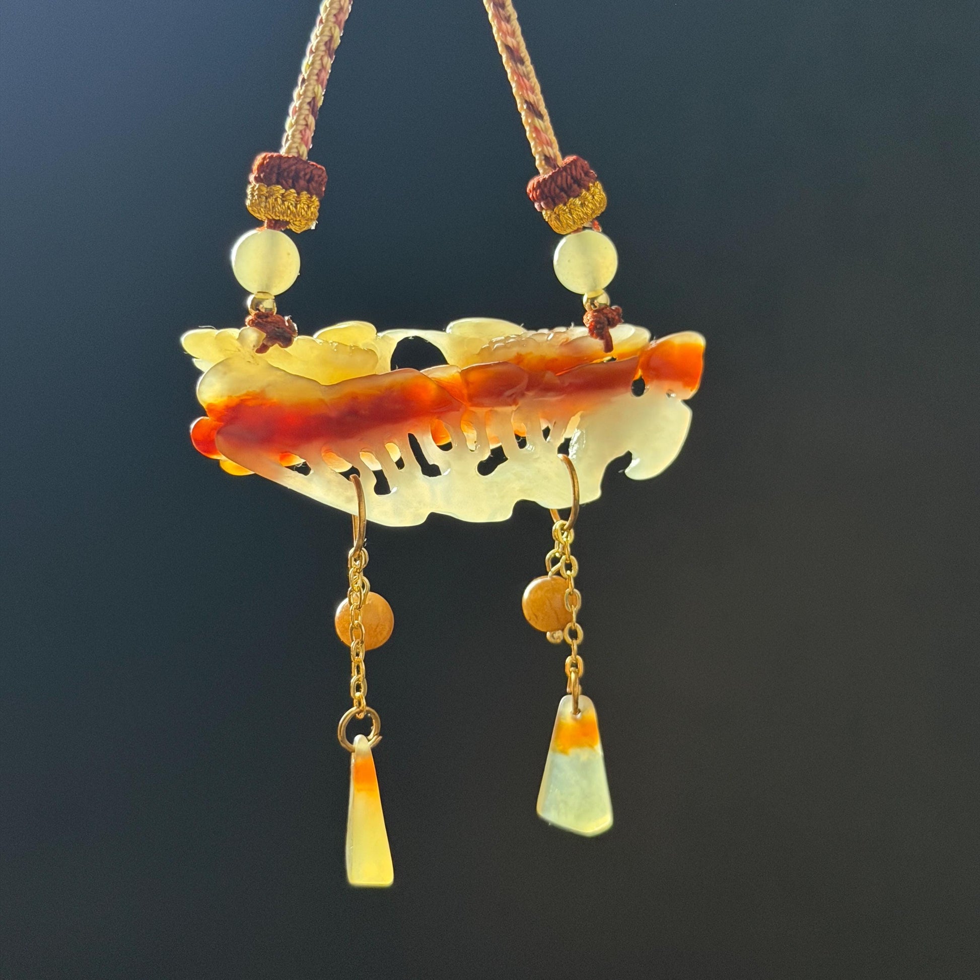 Xiu Jade Magpie Birds and Flower Hand Carved Pendant Adjustable Necklace Choker: Certified Natural Serpentine Multicolor Brown Yellow White Jade Handcrafted Charm | Fortune & Happiness | Stone Crystal Gemstone Jewellery  Gift for her, brown jade carving yellow jade white jade Braided necklace plum blossom carving flower carving hand engraved flower chinese jade pendant necklace vintage necklace antique necklace certificate jade natural untreated jade certified jade modern necklace bird carving