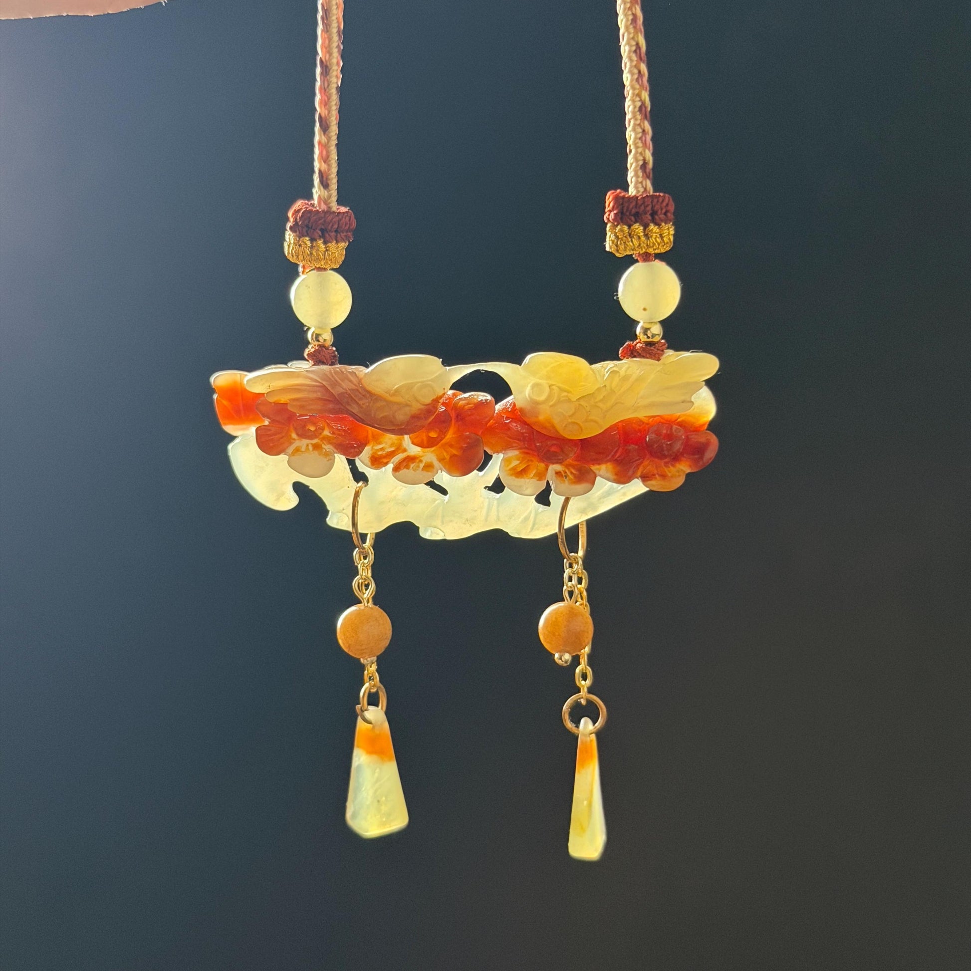 Xiu Jade Magpie Birds and Flower Hand Carved Pendant Adjustable Necklace Choker: Certified Natural Serpentine Multicolor Brown Yellow White Jade Handcrafted Charm | Fortune & Happiness | Stone Crystal Gemstone Jewellery  Gift for her, brown jade carving yellow jade white jade Braided necklace plum blossom carving flower carving hand engraved flower chinese jade pendant necklace vintage necklace antique necklace certificate jade natural untreated jade certified jade modern necklace bird carving