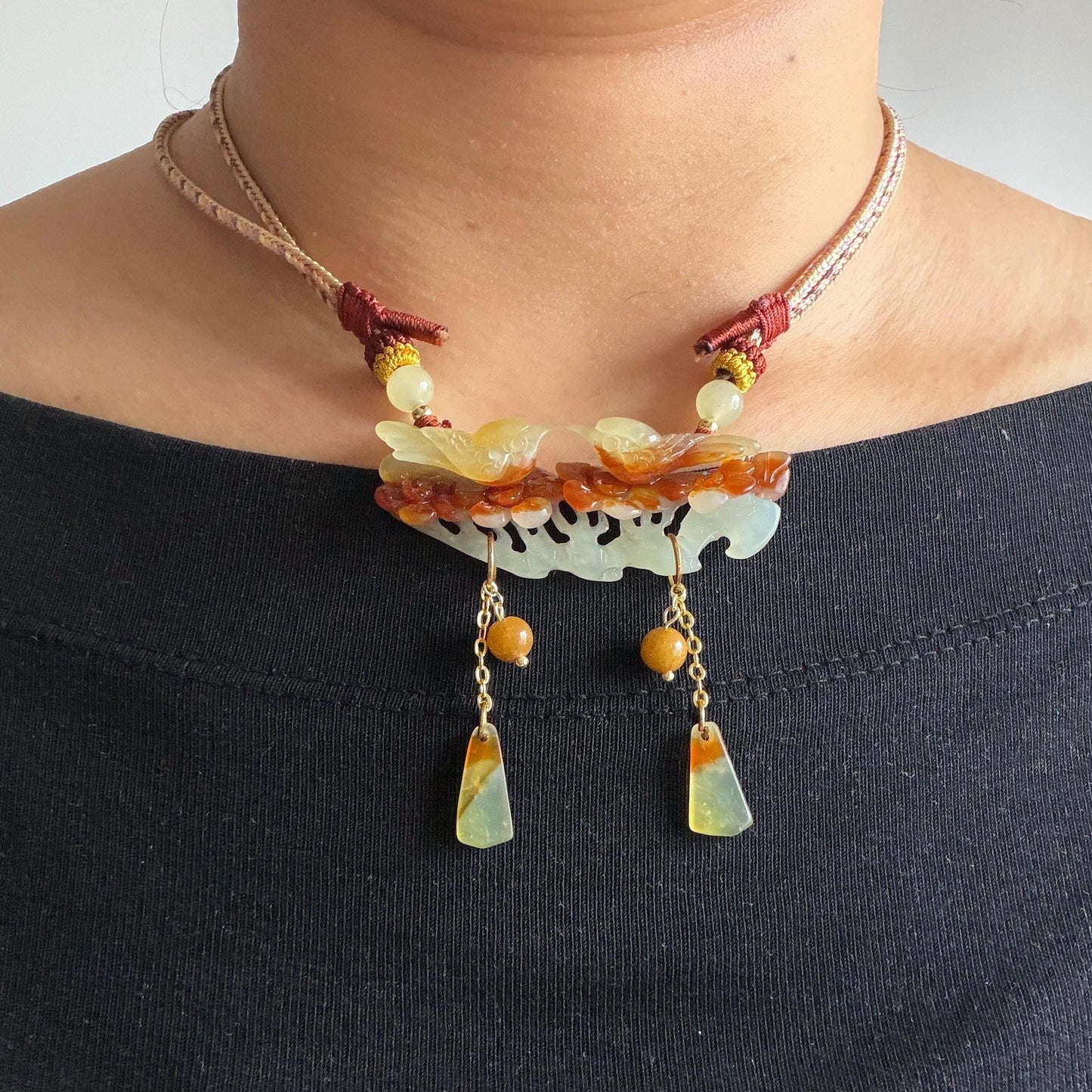 Xiu Jade Magpie Birds and Flower Hand Carved Pendant Adjustable Necklace Choker: Certified Natural Serpentine Multicolor Brown Yellow White Jade Handcrafted Charm | Fortune & Happiness | Stone Crystal Gemstone Jewellery  Gift for her, brown jade carving yellow jade white jade Braided necklace plum blossom carving flower carving hand engraved flower chinese jade pendant necklace vintage necklace antique necklace certificate jade natural untreated jade certified jade modern necklace bird carving