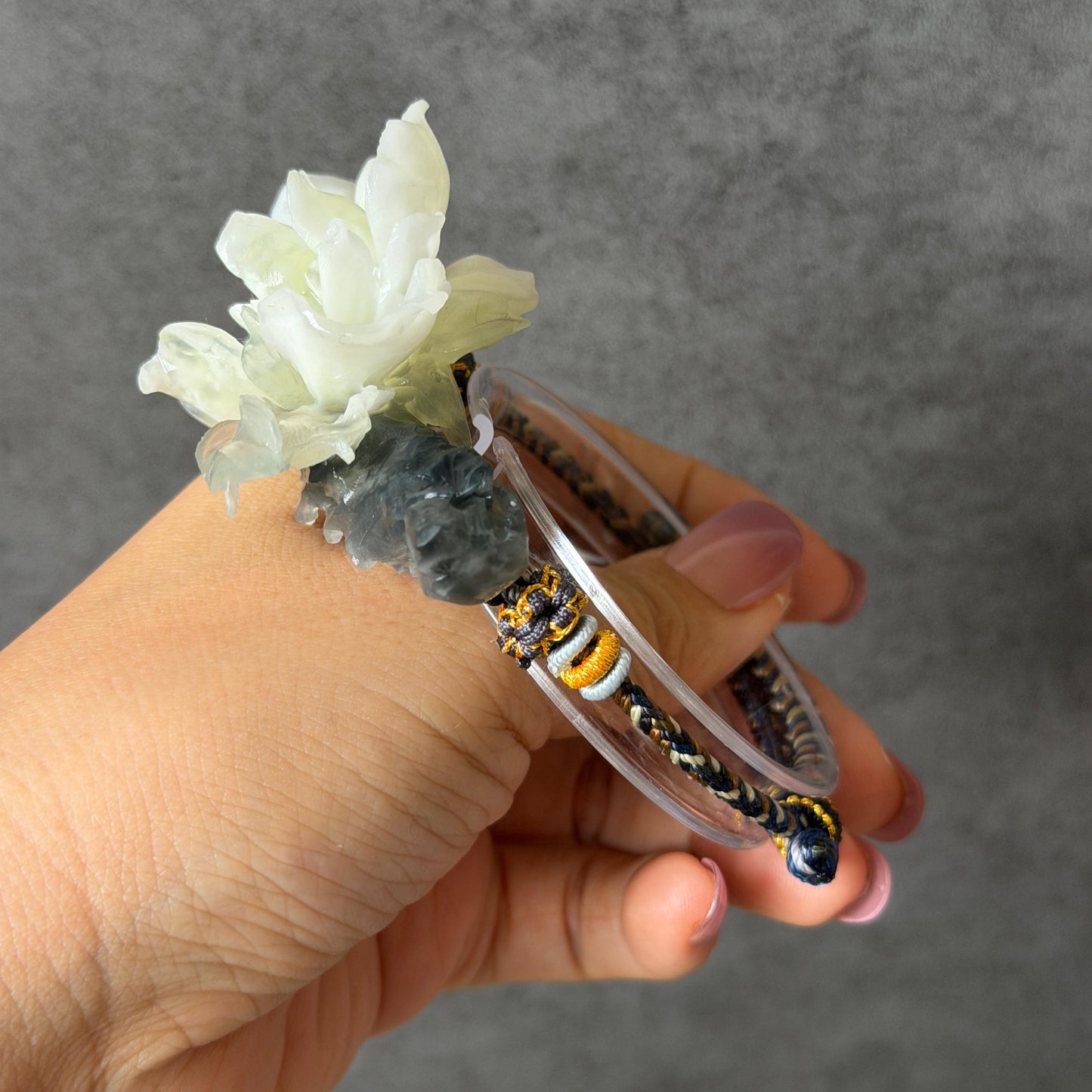 Xiu Jade Gardenia Flower Hand Carved Charm Braided Bracelet: Natural Serpentine Black & White Jade Adjustable Bracelet 3D Stone Carving    adjustable bracelet woven bracelet rope 3D jade carving white jade black jade natural untreated jade handcrafted charm bead bracelet handmade bracelet flower carving peony carving hand engraved charm chinese braided bracelet vintage bracelet antique bracelet lucky rope flower lover gift birthday gift handcrafted bracelet birthday gift handmade bracelet