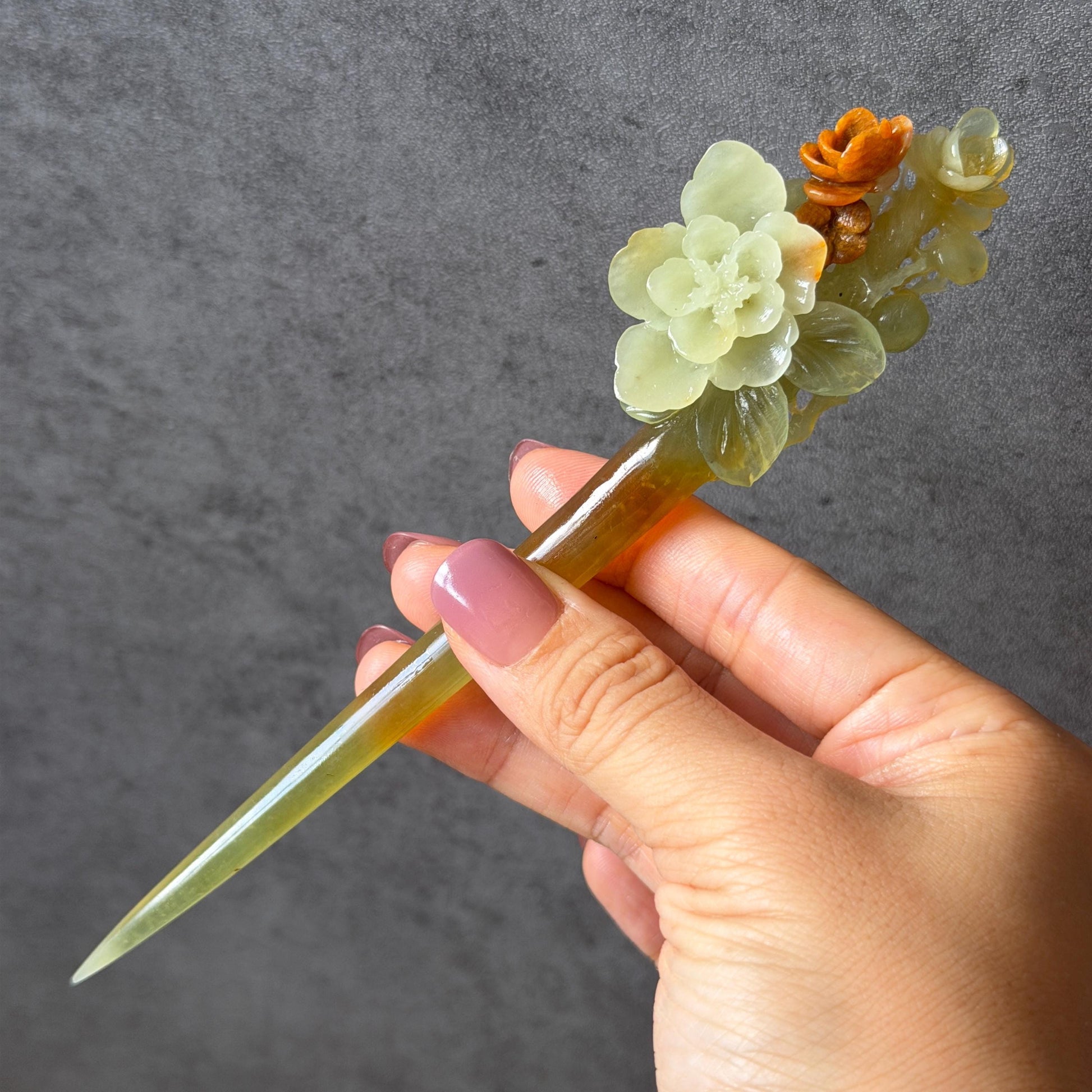 Xiu Jade Peach Blossom Flower Hand Carved Hair Pin: Certified Natural Serpentine Orange White Green Jade Handcrafted Hanfu Hair Stick
