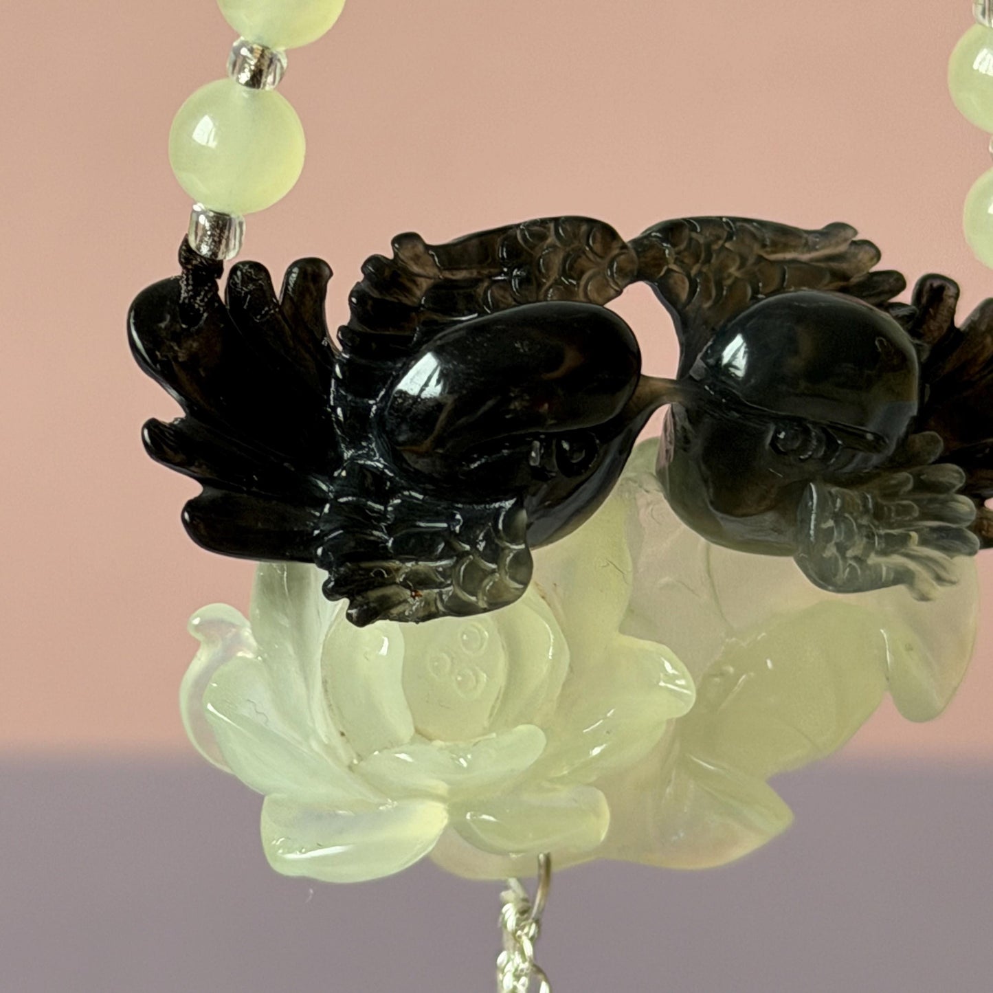 Xiu Jade Magpie Birds and Lotus Flower Hand Carved Pendant Adjustable Necklace Choker: Certified Natural Serpentine Black White Jade Handcrafted Charm | Fortune & Happiness | Stone Crystal Gemstone Jewellery Gift for her, black jade carving white jade carving lotus carving flower carving hand engraved lotus chinese jade pendant necklace vintage necklace antique necklace certificate jade natural untreated jade certified jade modern necklace bird carving braided necklace dangle wedding gift