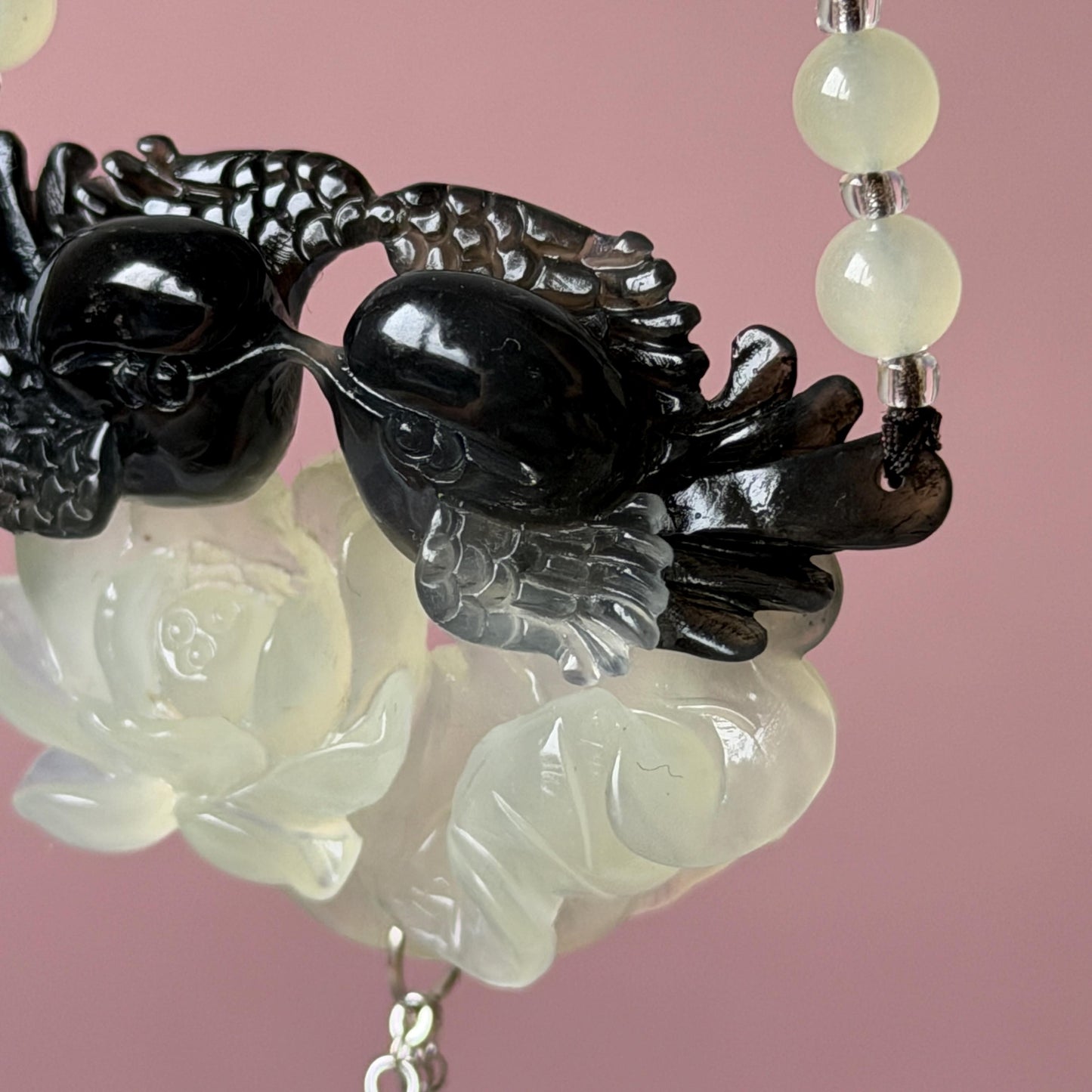 Xiu Jade Magpie Birds and Lotus Flower Hand Carved Pendant Adjustable Necklace Choker: Certified Natural Serpentine Black White Jade Handcrafted Charm | Fortune & Happiness | Stone Crystal Gemstone Jewellery Gift for her, black jade carving white jade carving lotus carving flower carving hand engraved lotus chinese jade pendant necklace vintage necklace antique necklace certificate jade natural untreated jade certified jade modern necklace bird carving braided necklace dangle wedding gift