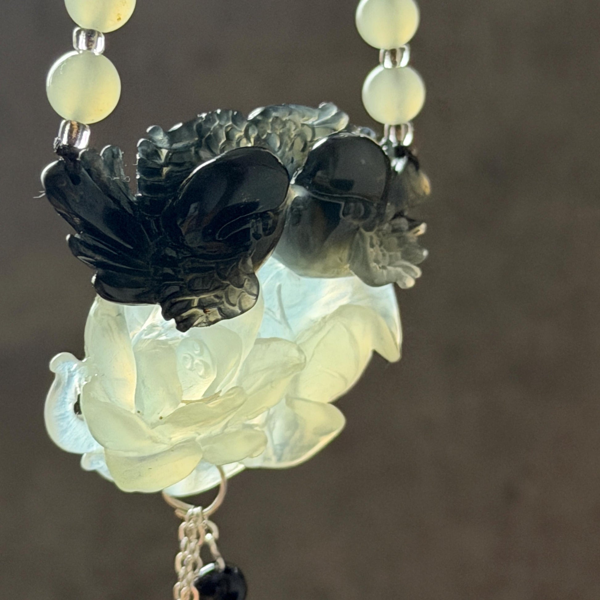Xiu Jade Magpie Birds and Lotus Flower Hand Carved Pendant Adjustable Necklace Choker: Certified Natural Serpentine Black White Jade Handcrafted Charm | Fortune & Happiness | Stone Crystal Gemstone Jewellery Gift for her, black jade carving white jade carving lotus carving flower carving hand engraved lotus chinese jade pendant necklace vintage necklace antique necklace certificate jade natural untreated jade certified jade modern necklace bird carving braided necklace dangle wedding gift
