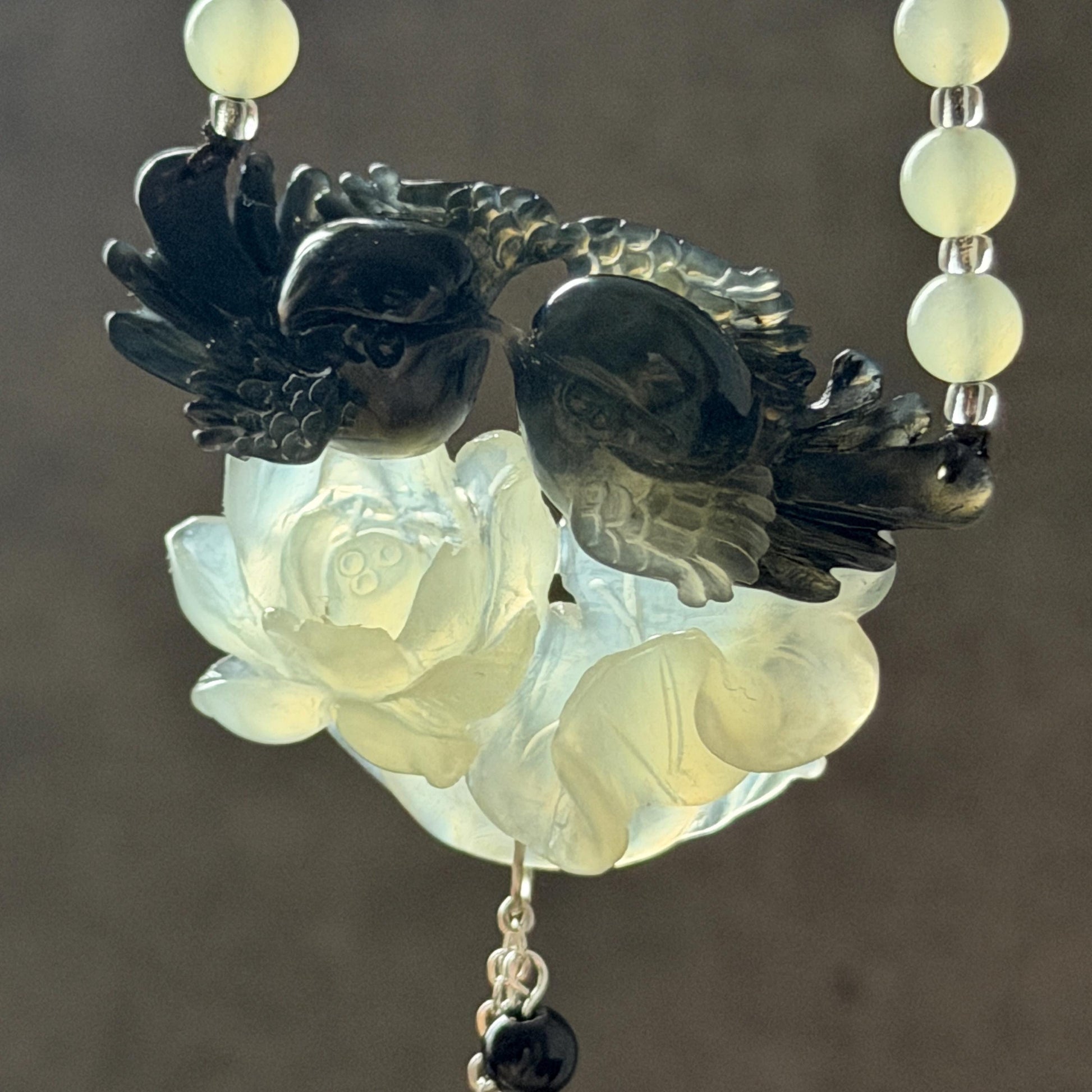 Xiu Jade Magpie Birds and Lotus Flower Hand Carved Pendant Adjustable Necklace Choker: Certified Natural Serpentine Black White Jade Handcrafted Charm | Fortune & Happiness | Stone Crystal Gemstone Jewellery Gift for her, black jade carving white jade carving lotus carving flower carving hand engraved lotus chinese jade pendant necklace vintage necklace antique necklace certificate jade natural untreated jade certified jade modern necklace bird carving braided necklace dangle wedding gift