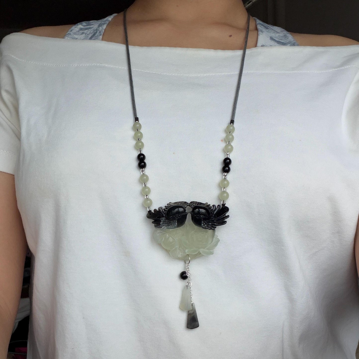 Xiu Jade Magpie Birds and Lotus Flower Hand Carved Pendant Adjustable Necklace Choker: Certified Natural Serpentine Black White Jade Handcrafted Charm | Fortune & Happiness | Stone Crystal Gemstone Jewellery Gift for her, black jade carving white jade carving lotus carving flower carving hand engraved lotus chinese jade pendant necklace vintage necklace antique necklace certificate jade natural untreated jade certified jade modern necklace bird carving braided necklace dangle wedding gift