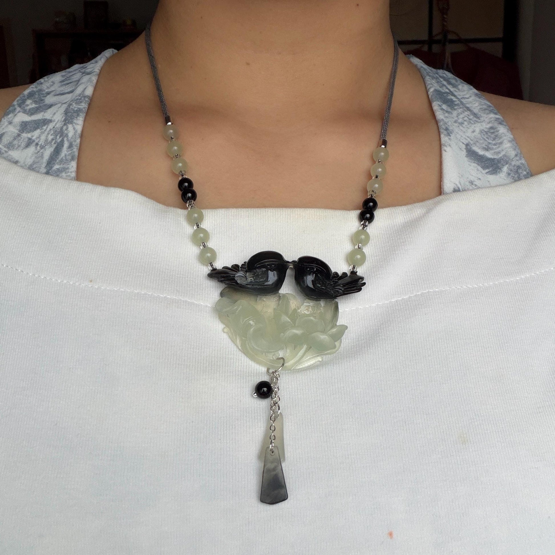 Xiu Jade Magpie Birds and Lotus Flower Hand Carved Pendant Adjustable Necklace Choker: Certified Natural Serpentine Black White Jade Handcrafted Charm | Fortune & Happiness | Stone Crystal Gemstone Jewellery Gift for her, black jade carving white jade carving lotus carving flower carving hand engraved lotus chinese jade pendant necklace vintage necklace antique necklace certificate jade natural untreated jade certified jade modern necklace bird carving braided necklace dangle wedding gift