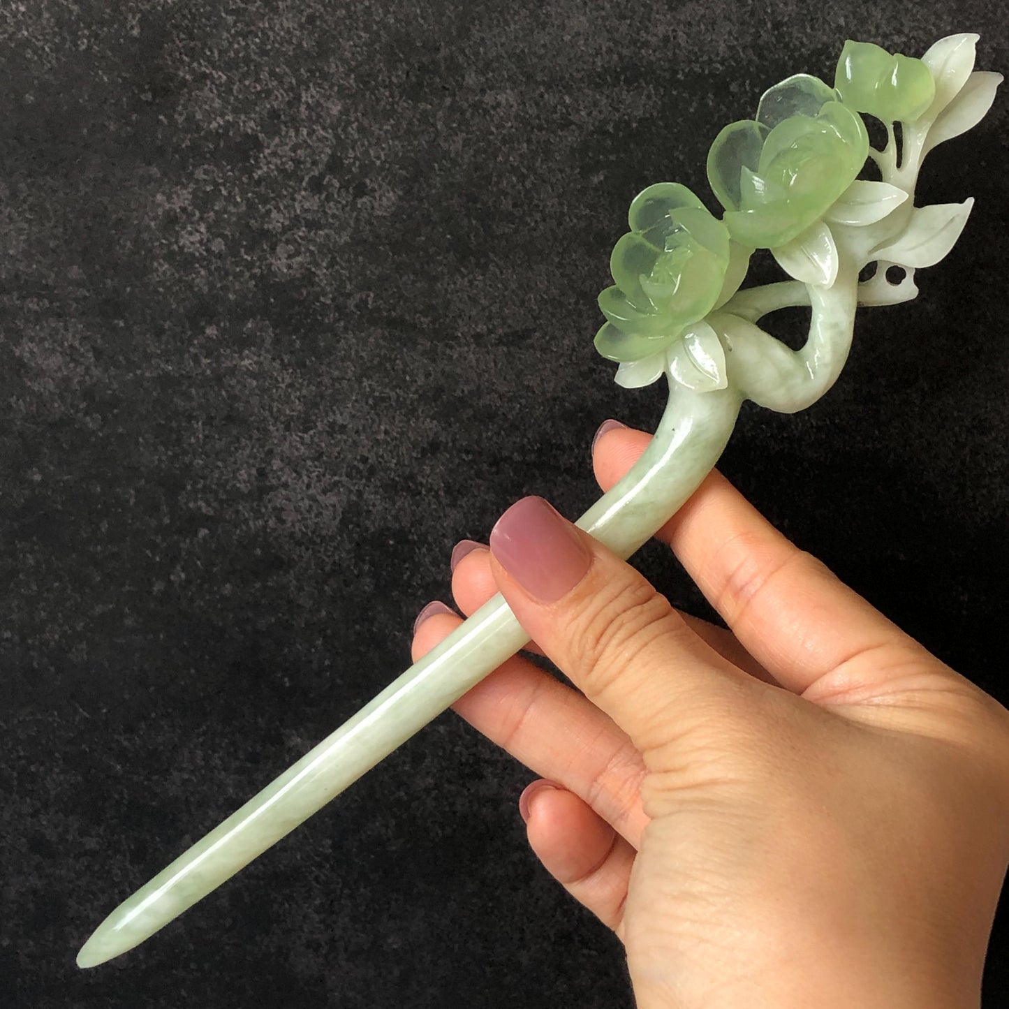 Xiu Jade Peach Blossom Flower Hand Carved Hair Pin: Certificate Natural Serpentine White Green Jade Handcrafted Hanfu Hair Stick Gift for her Bridal Shower gift bridal hair clip wedding headpiece wedding hair jewelry bridal hair accessories green jade carving white jade hand engraved flower hair stick japanese hairpins korean hair stick chinese hair comb vintage hair pins antique hair fork hanfu hair pins certified untreated jade 3D stone carving hair claws hair crown