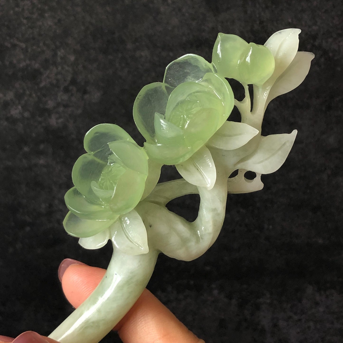 Xiu Jade Peach Blossom Flower Hand Carved Hair Pin: Certificate Natural Serpentine White Green Jade Handcrafted Hanfu Hair Stick Gift for her Bridal Shower gift bridal hair clip wedding headpiece wedding hair jewelry bridal hair accessories green jade carving white jade hand engraved flower hair stick japanese hairpins korean hair stick chinese hair comb vintage hair pins antique hair fork hanfu hair pins certified untreated jade 3D stone carving hair claws hair crown