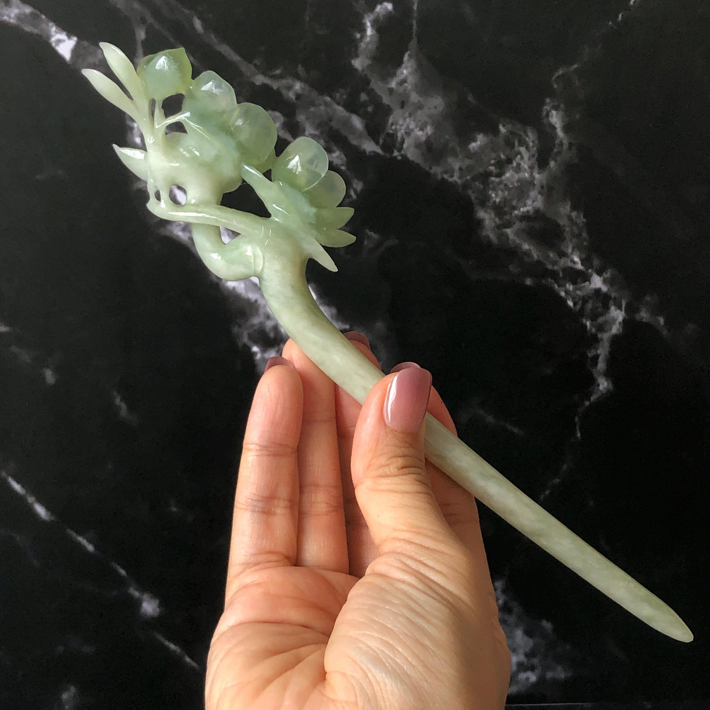 Xiu Jade Peach Blossom Flower Hand Carved Hair Pin: Certificate Natural Serpentine White Green Jade Handcrafted Hanfu Hair Stick Gift for her Bridal Shower gift bridal hair clip wedding headpiece wedding hair jewelry bridal hair accessories green jade carving white jade hand engraved flower hair stick japanese hairpins korean hair stick chinese hair comb vintage hair pins antique hair fork hanfu hair pins certified untreated jade 3D stone carving hair claws hair crown