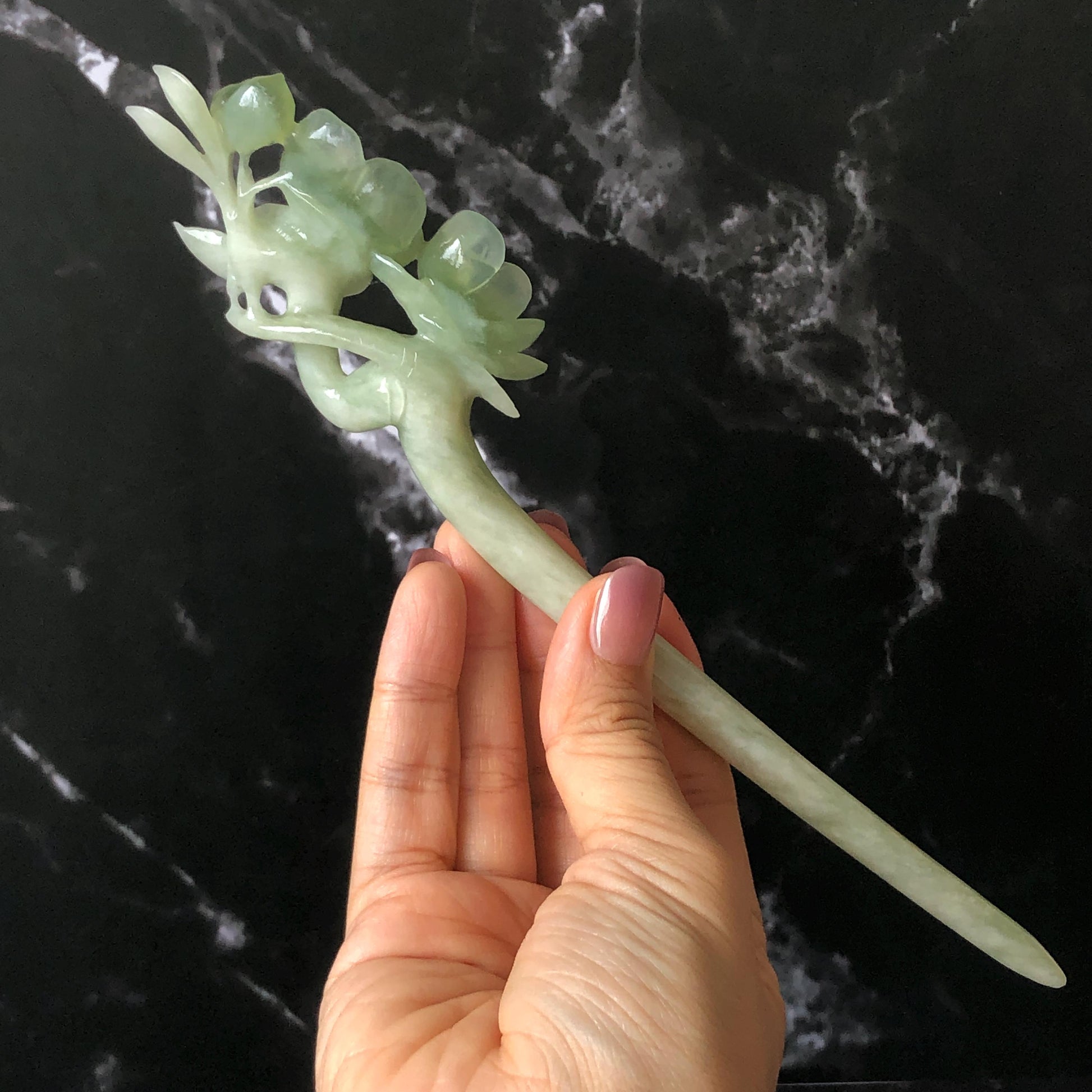 Xiu Jade Peach Blossom Flower Hand Carved Hair Pin: Certificate Natural Serpentine White Green Jade Handcrafted Hanfu Hair Stick Gift for her Bridal Shower gift bridal hair clip wedding headpiece wedding hair jewelry bridal hair accessories green jade carving white jade hand engraved flower hair stick japanese hairpins korean hair stick chinese hair comb vintage hair pins antique hair fork hanfu hair pins certified untreated jade 3D stone carving hair claws hair crown
