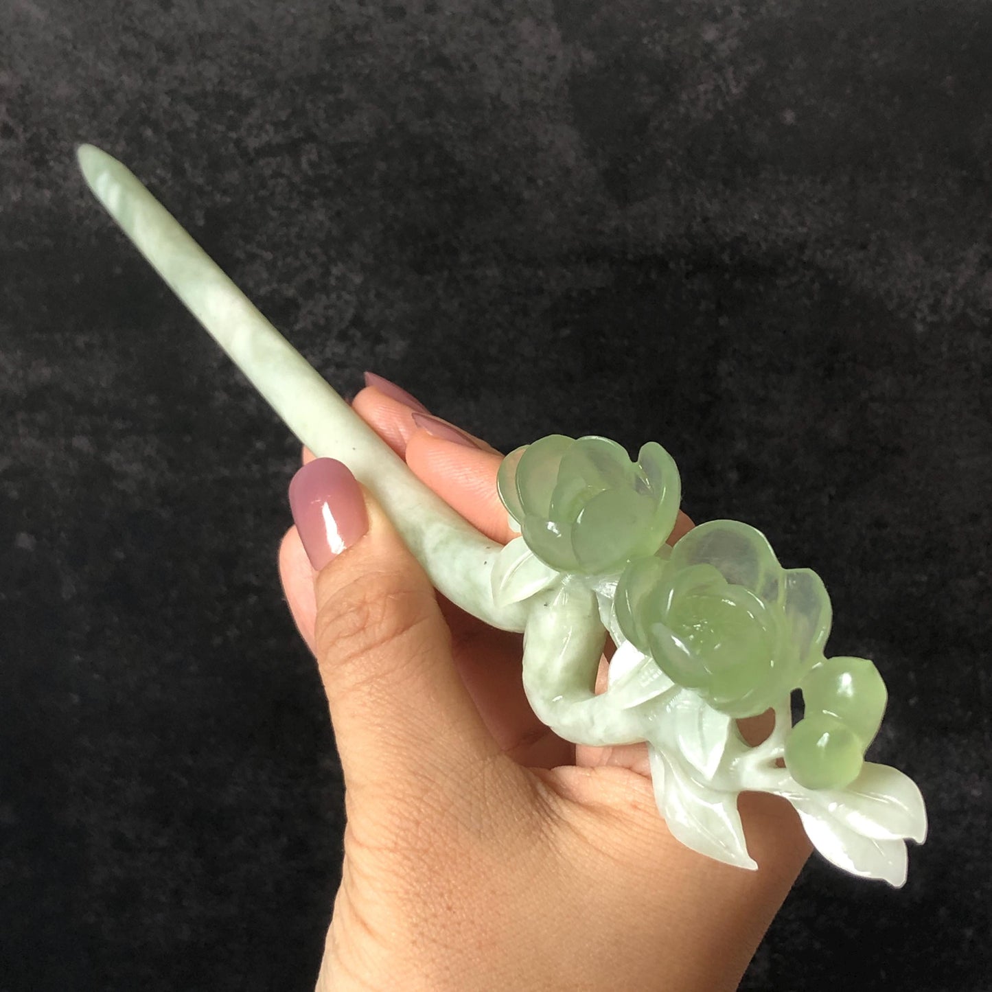 Xiu Jade Peach Blossom Flower Hand Carved Hair Pin: Certificate Natural Serpentine White Green Jade Handcrafted Hanfu Hair Stick Gift for her Bridal Shower gift bridal hair clip wedding headpiece wedding hair jewelry bridal hair accessories green jade carving white jade hand engraved flower hair stick japanese hairpins korean hair stick chinese hair comb vintage hair pins antique hair fork hanfu hair pins certified untreated jade 3D stone carving hair claws hair crown