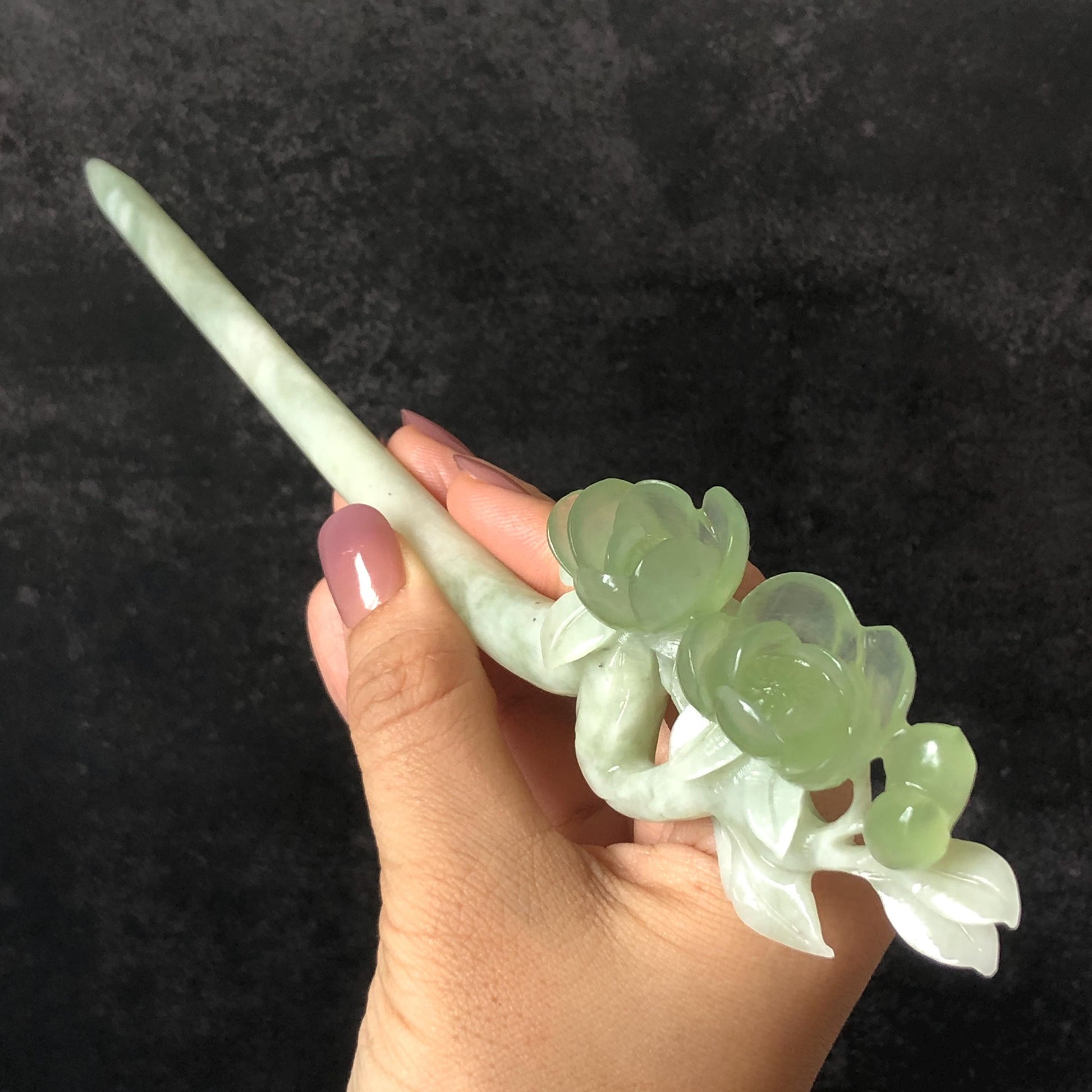 Xiu Jade Peach Blossom Flower Hand Carved Hair Pin: Certificate Natural Serpentine White Green Jade Handcrafted Hanfu Hair Stick Gift for her Bridal Shower gift bridal hair clip wedding headpiece wedding hair jewelry bridal hair accessories green jade carving white jade hand engraved flower hair stick japanese hairpins korean hair stick chinese hair comb vintage hair pins antique hair fork hanfu hair pins certified untreated jade 3D stone carving hair claws hair crown