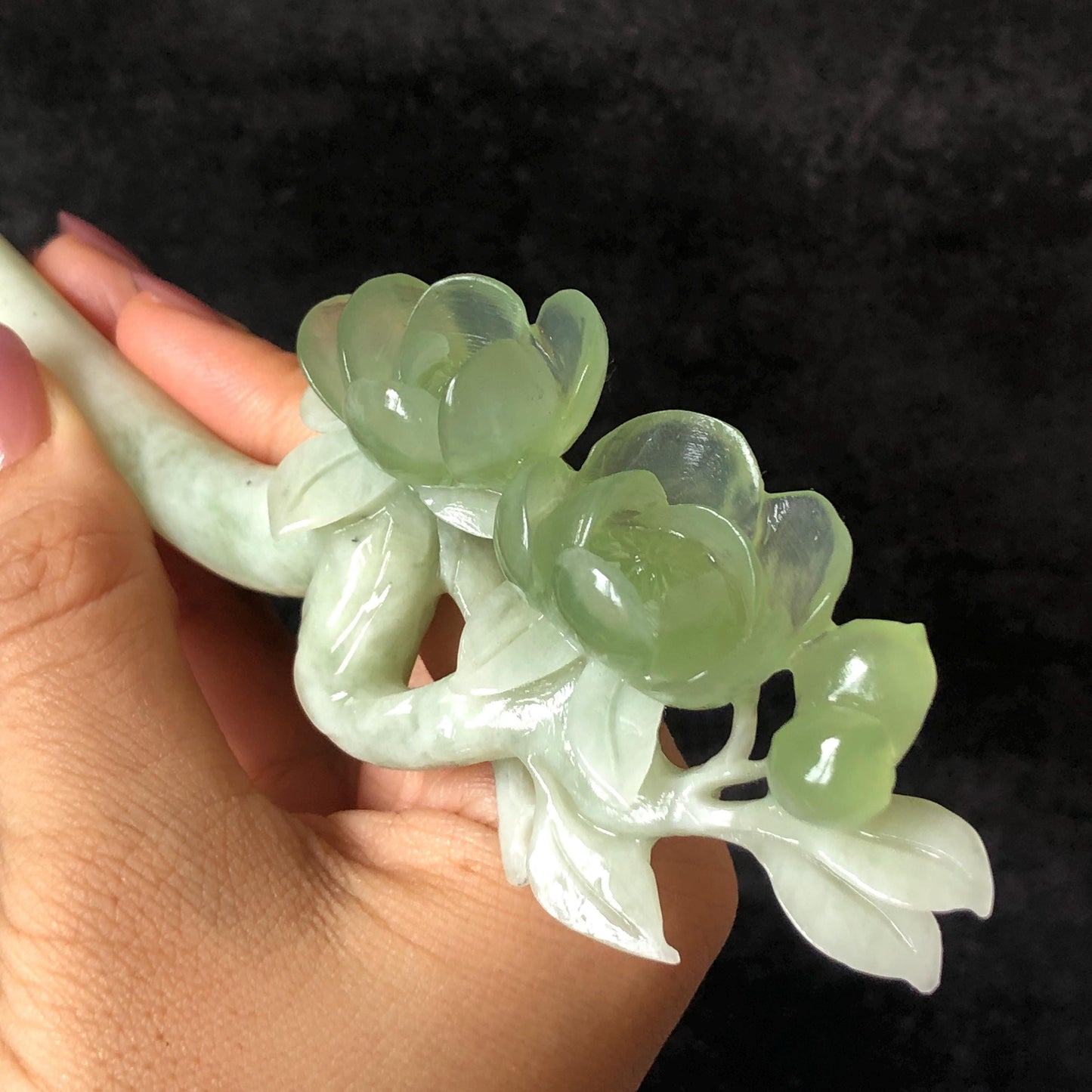 Xiu Jade Peach Blossom Flower Hand Carved Hair Pin: Certificate Natural Serpentine White Green Jade Handcrafted Hanfu Hair Stick Gift for her Bridal Shower gift bridal hair clip wedding headpiece wedding hair jewelry bridal hair accessories green jade carving white jade hand engraved flower hair stick japanese hairpins korean hair stick chinese hair comb vintage hair pins antique hair fork hanfu hair pins certified untreated jade 3D stone carving hair claws hair crown