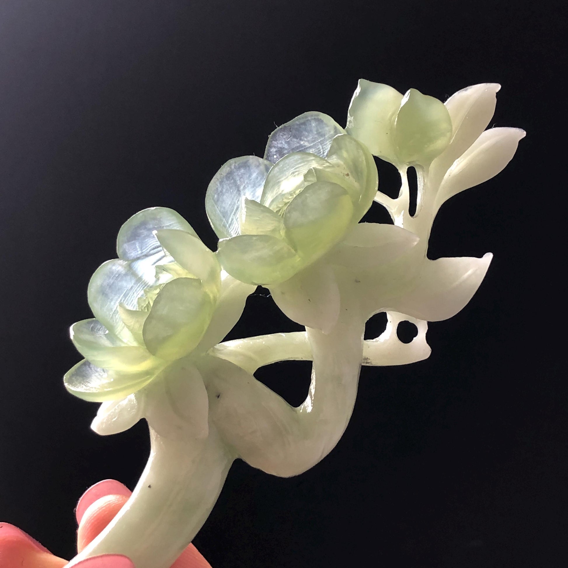 Xiu Jade Peach Blossom Flower Hand Carved Hair Pin: Certificate Natural Serpentine White Green Jade Handcrafted Hanfu Hair Stick Gift for her Bridal Shower gift bridal hair clip wedding headpiece wedding hair jewelry bridal hair accessories green jade carving white jade hand engraved flower hair stick japanese hairpins korean hair stick chinese hair comb vintage hair pins antique hair fork hanfu hair pins certified untreated jade 3D stone carving hair claws hair crown