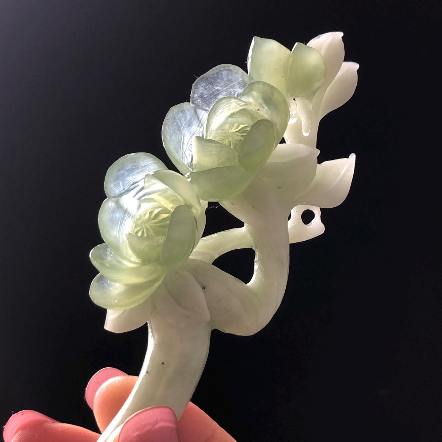 Xiu Jade Peach Blossom Flower Hand Carved Hair Pin: Certificate Natural Serpentine White Green Jade Handcrafted Hanfu Hair Stick Gift for her Bridal Shower gift bridal hair clip wedding headpiece wedding hair jewelry bridal hair accessories green jade carving white jade hand engraved flower hair stick japanese hairpins korean hair stick chinese hair comb vintage hair pins antique hair fork hanfu hair pins certified untreated jade 3D stone carving hair claws hair crown