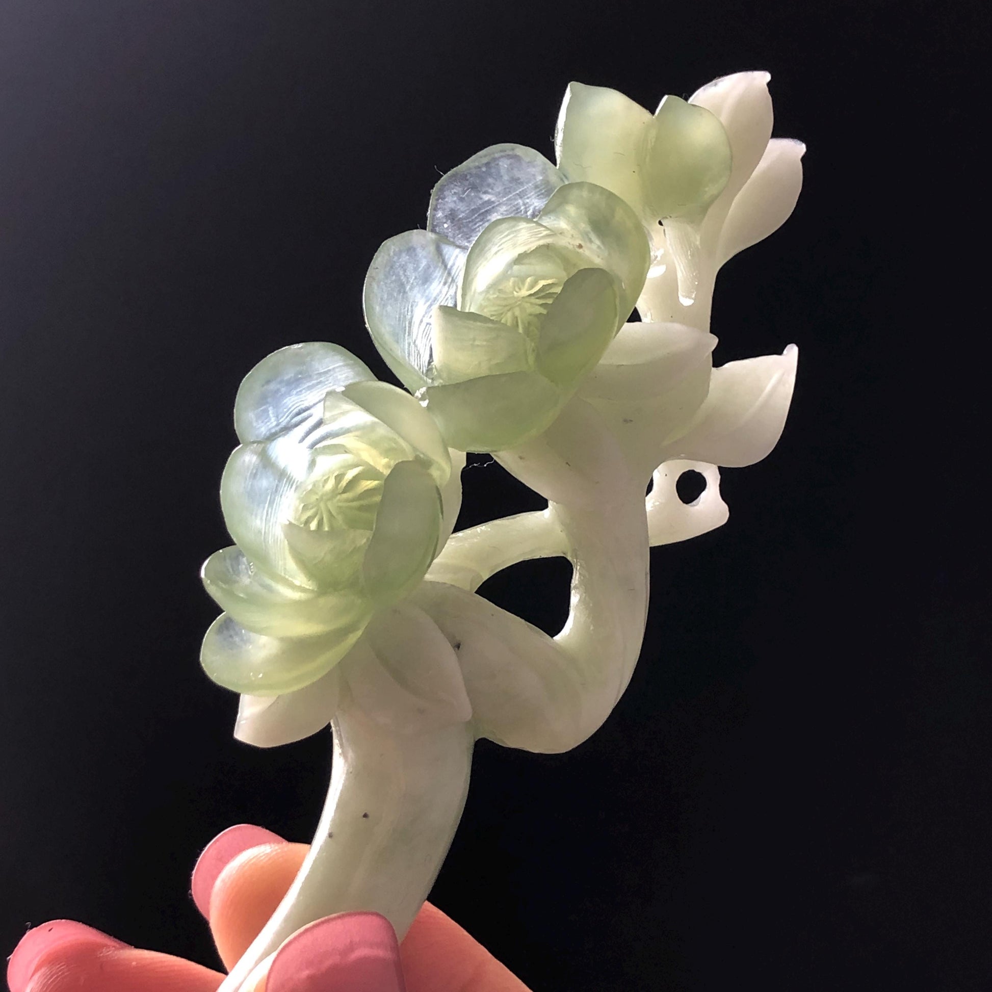 Xiu Jade Peach Blossom Flower Hand Carved Hair Pin: Certificate Natural Serpentine White Green Jade Handcrafted Hanfu Hair Stick Gift for her Bridal Shower gift bridal hair clip wedding headpiece wedding hair jewelry bridal hair accessories green jade carving white jade hand engraved flower hair stick japanese hairpins korean hair stick chinese hair comb vintage hair pins antique hair fork hanfu hair pins certified untreated jade 3D stone carving hair claws hair crown