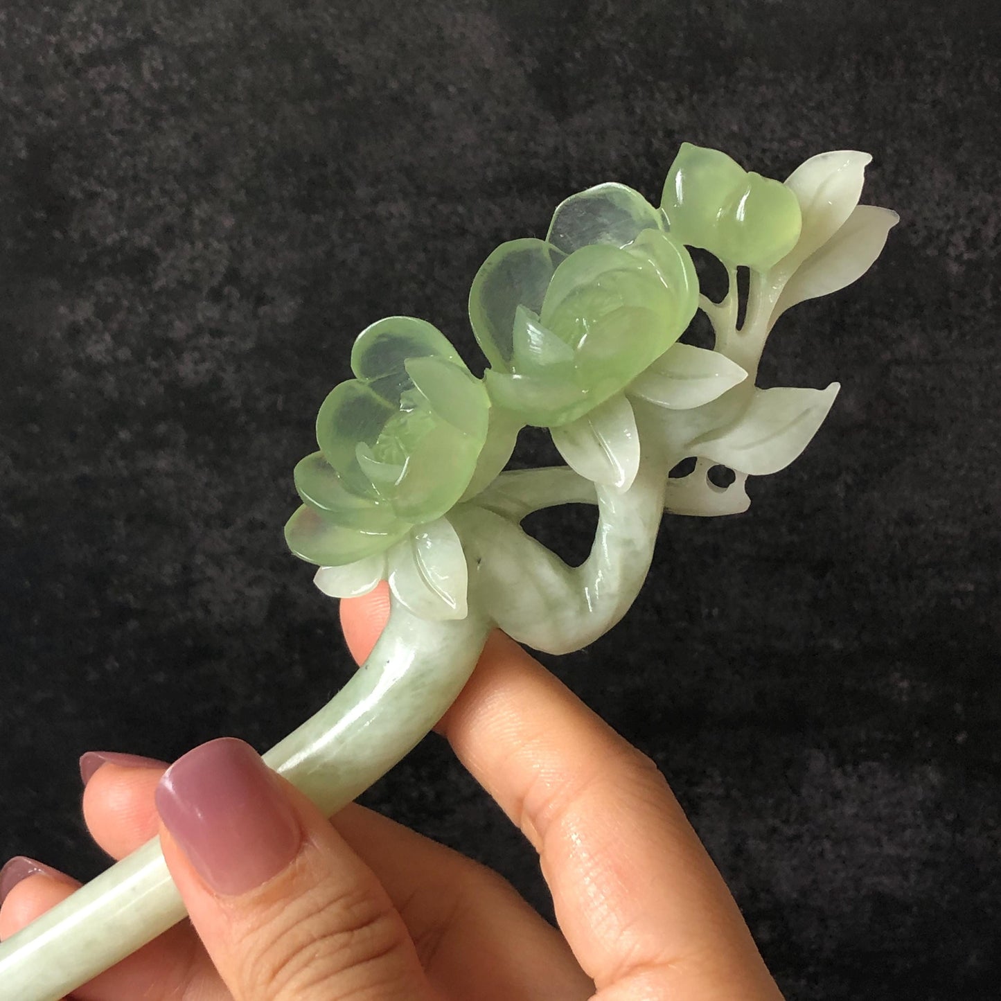 Xiu Jade Peach Blossom Flower Hand Carved Hair Pin: Certificate Natural Serpentine White Green Jade Handcrafted Hanfu Hair Stick Gift for her Bridal Shower gift bridal hair clip wedding headpiece wedding hair jewelry bridal hair accessories green jade carving white jade hand engraved flower hair stick japanese hairpins korean hair stick chinese hair comb vintage hair pins antique hair fork hanfu hair pins certified untreated jade 3D stone carving hair claws hair crown
