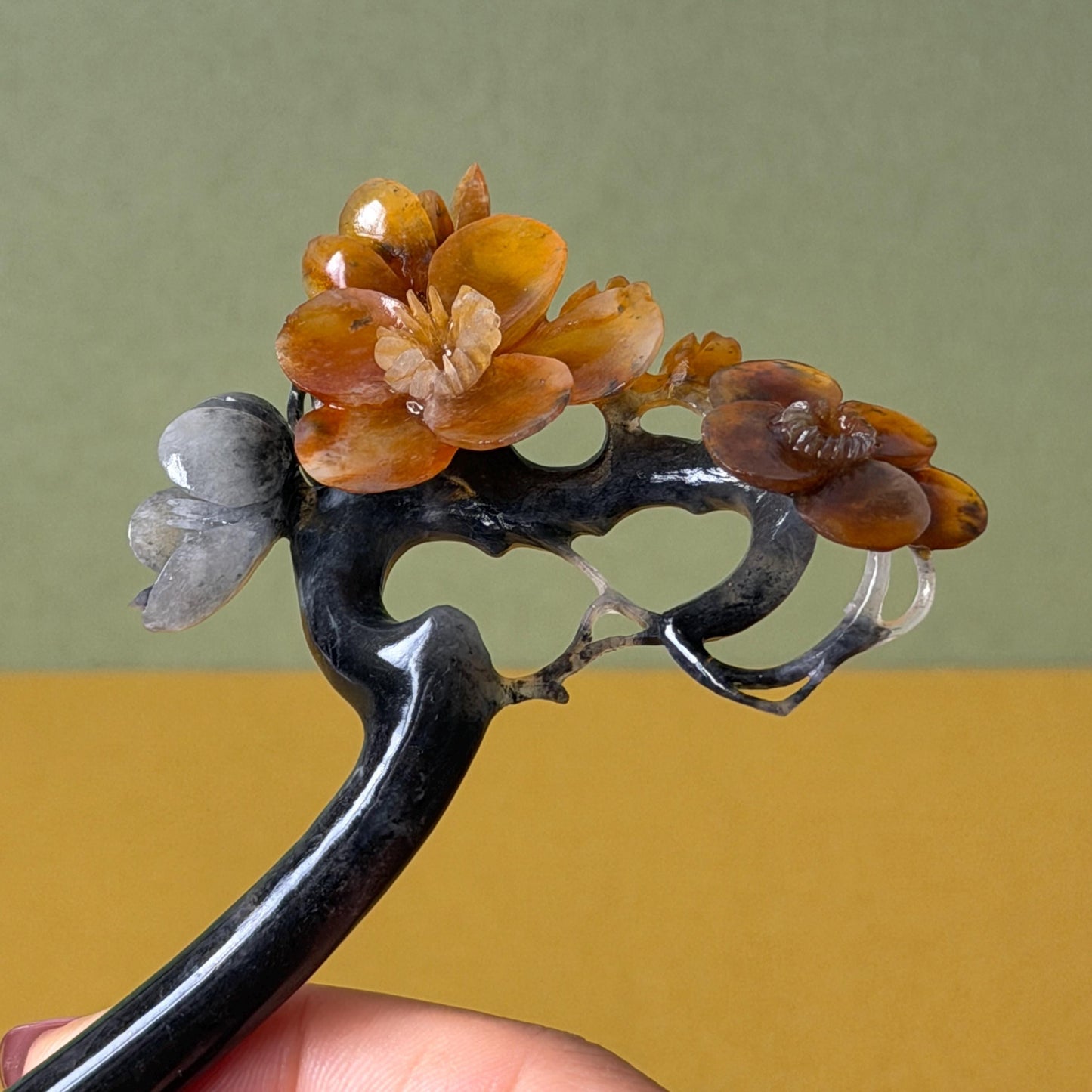 Xiu Jade Plum Blossom Flower Hand Carved Hair Pin: Natural Certified Serpentine Muticolor Black White Yellow Jade Handcrafted Flower Hair Stick | Asian Vintage Hair Fork 3D stone carving Hair Jewelry Chinese Hanfu Hair Fork gift for her yellow jade carving white jade black jade flower carving hand engraved hairpins japanese hair stick korean hair pins hair fork hair comb antique hairpins wedding headpiece engagement hair jewelry bridal shower gift wedding bridal hair accessory asian hair crown