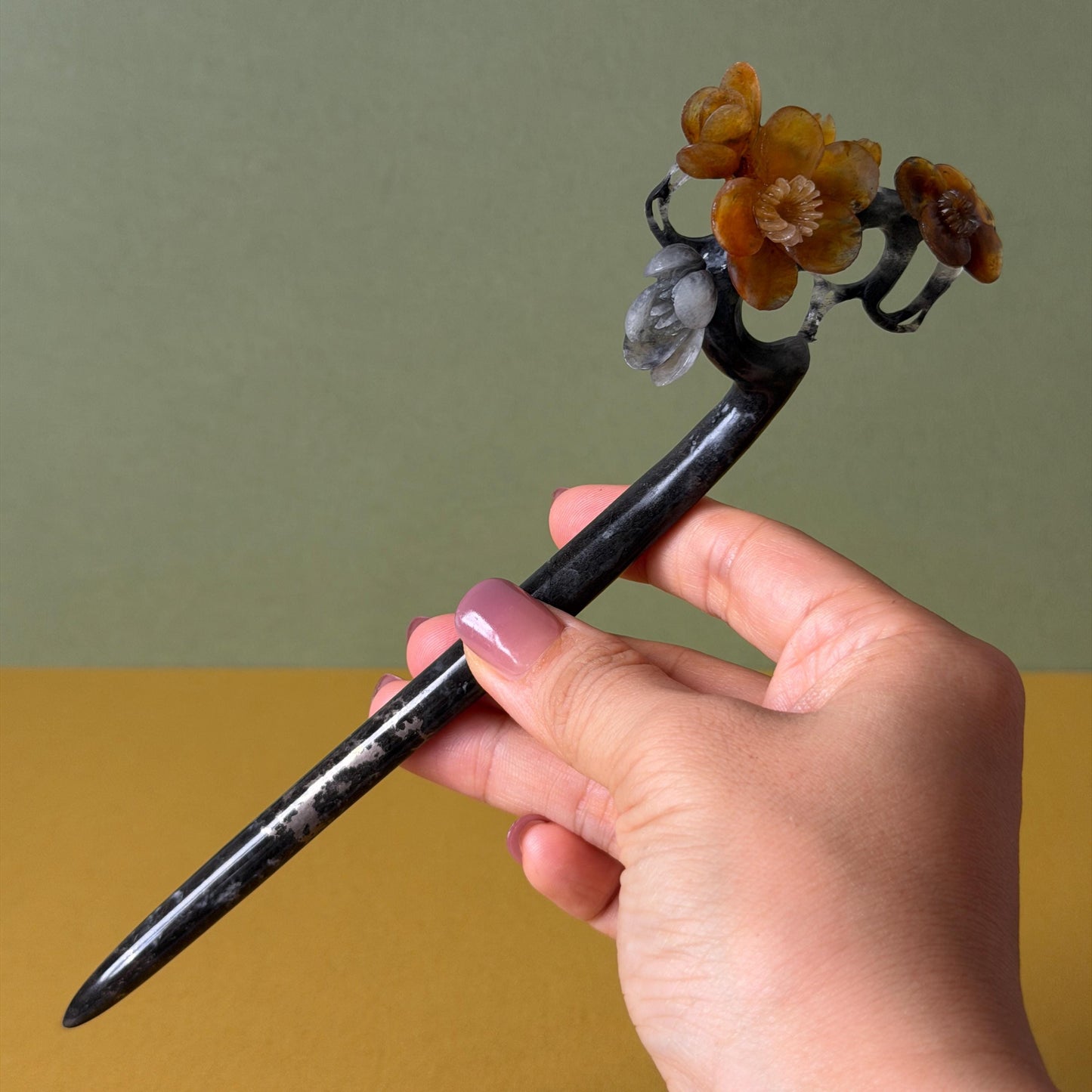 Xiu Jade Plum Blossom Flower Hand Carved Hair Pin: Natural Certified Serpentine Muticolor Black White Yellow Jade Handcrafted Flower Hair Stick | Asian Vintage Hair Fork 3D stone carving Hair Jewelry Chinese Hanfu Hair Fork gift for her yellow jade carving white jade black jade flower carving hand engraved hairpins japanese hair stick korean hair pins hair fork hair comb antique hairpins wedding headpiece engagement hair jewelry bridal shower gift wedding bridal hair accessory asian hair crown