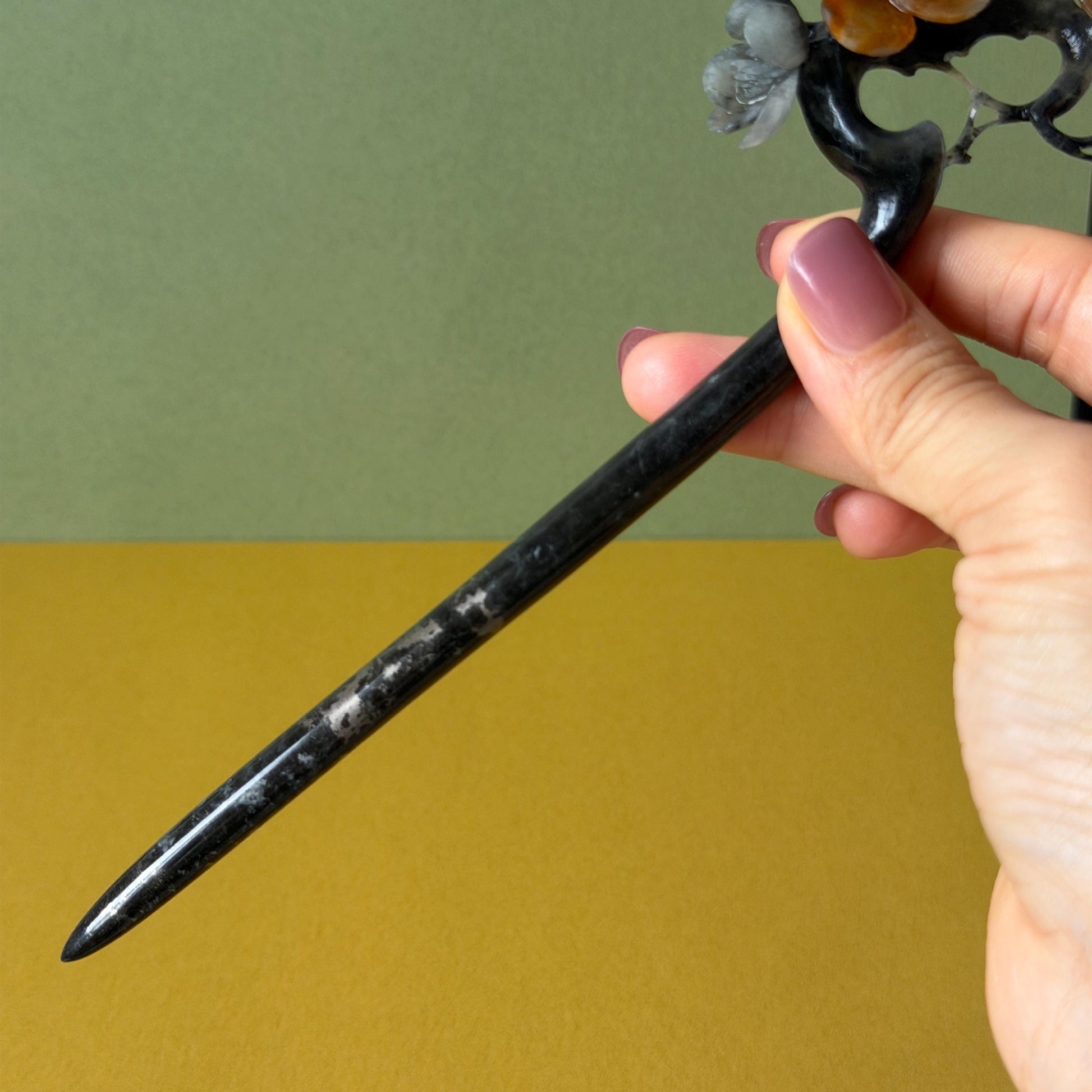 Xiu Jade Plum Blossom Flower Hand Carved Hair Pin: Natural Certified Serpentine Muticolor Black White Yellow Jade Handcrafted Flower Hair Stick | Asian Vintage Hair Fork 3D stone carving Hair Jewelry Chinese Hanfu Hair Fork gift for her yellow jade carving white jade black jade flower carving hand engraved hairpins japanese hair stick korean hair pins hair fork hair comb antique hairpins wedding headpiece engagement hair jewelry bridal shower gift wedding bridal hair accessory asian hair crown
