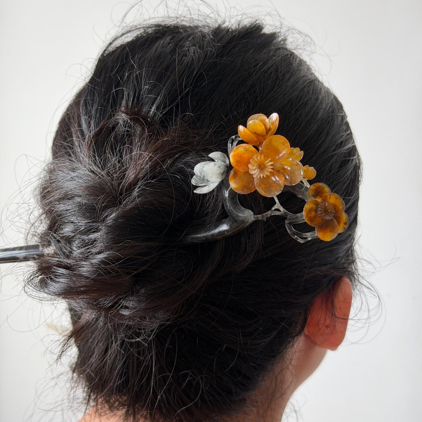 Xiu Jade Plum Blossom Flower Hand Carved Hair Pin: Natural Certified Serpentine Muticolor Black White Yellow Jade Handcrafted Flower Hair Stick | Asian Vintage Hair Fork 3D stone carving Hair Jewelry Chinese Hanfu Hair Fork gift for her yellow jade carving white jade black jade flower carving hand engraved hairpins japanese hair stick korean hair pins hair fork hair comb antique hairpins wedding headpiece engagement hair jewelry bridal shower gift wedding bridal hair accessory asian hair crown