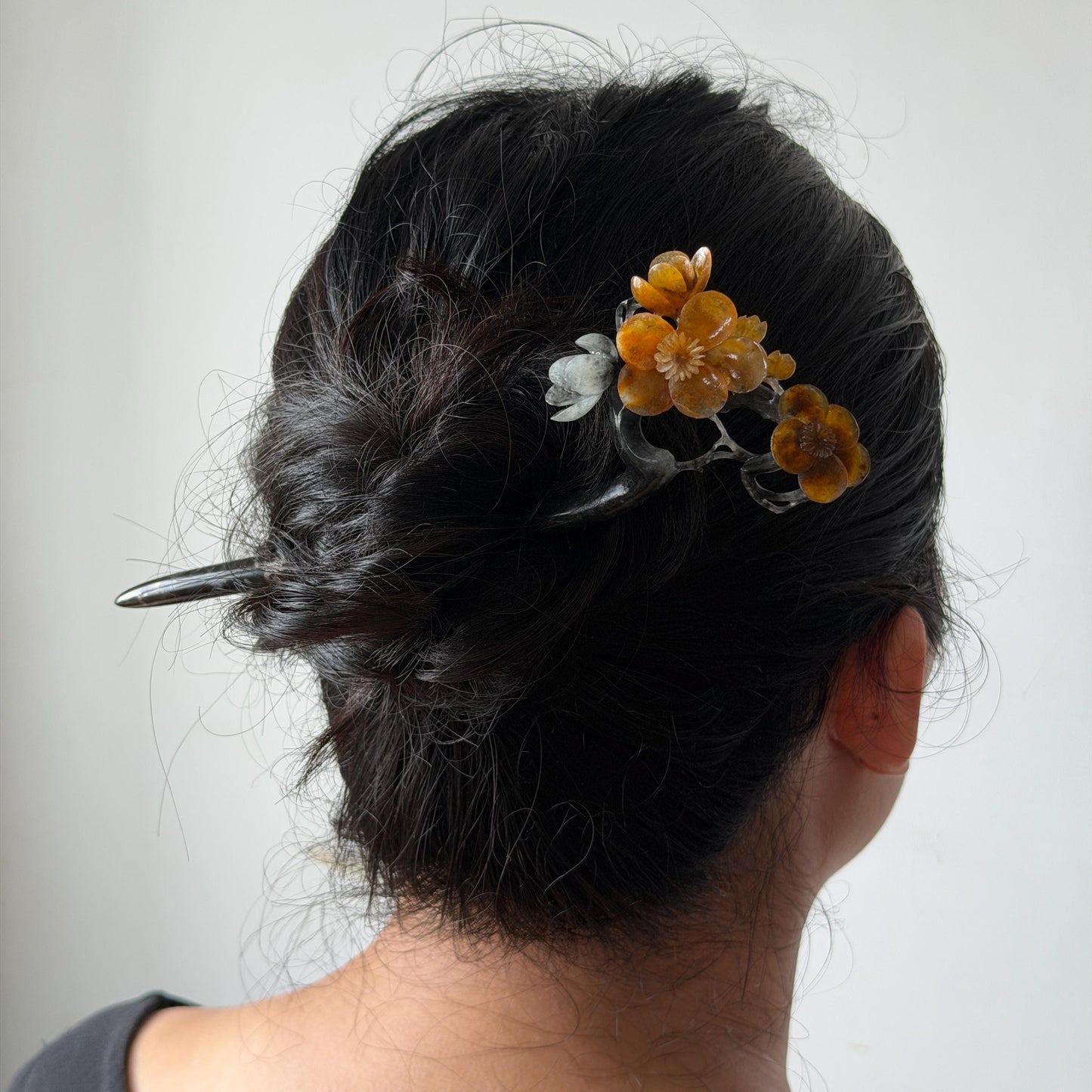 Xiu Jade Plum Blossom Flower Hand Carved Hair Pin: Natural Certified Serpentine Muticolor Black White Yellow Jade Handcrafted Flower Hair Stick | Asian Vintage Hair Fork 3D stone carving Hair Jewelry Chinese Hanfu Hair Fork gift for her yellow jade carving white jade black jade flower carving hand engraved hairpins japanese hair stick korean hair pins hair fork hair comb antique hairpins wedding headpiece engagement hair jewelry bridal shower gift wedding bridal hair accessory asian hair crown