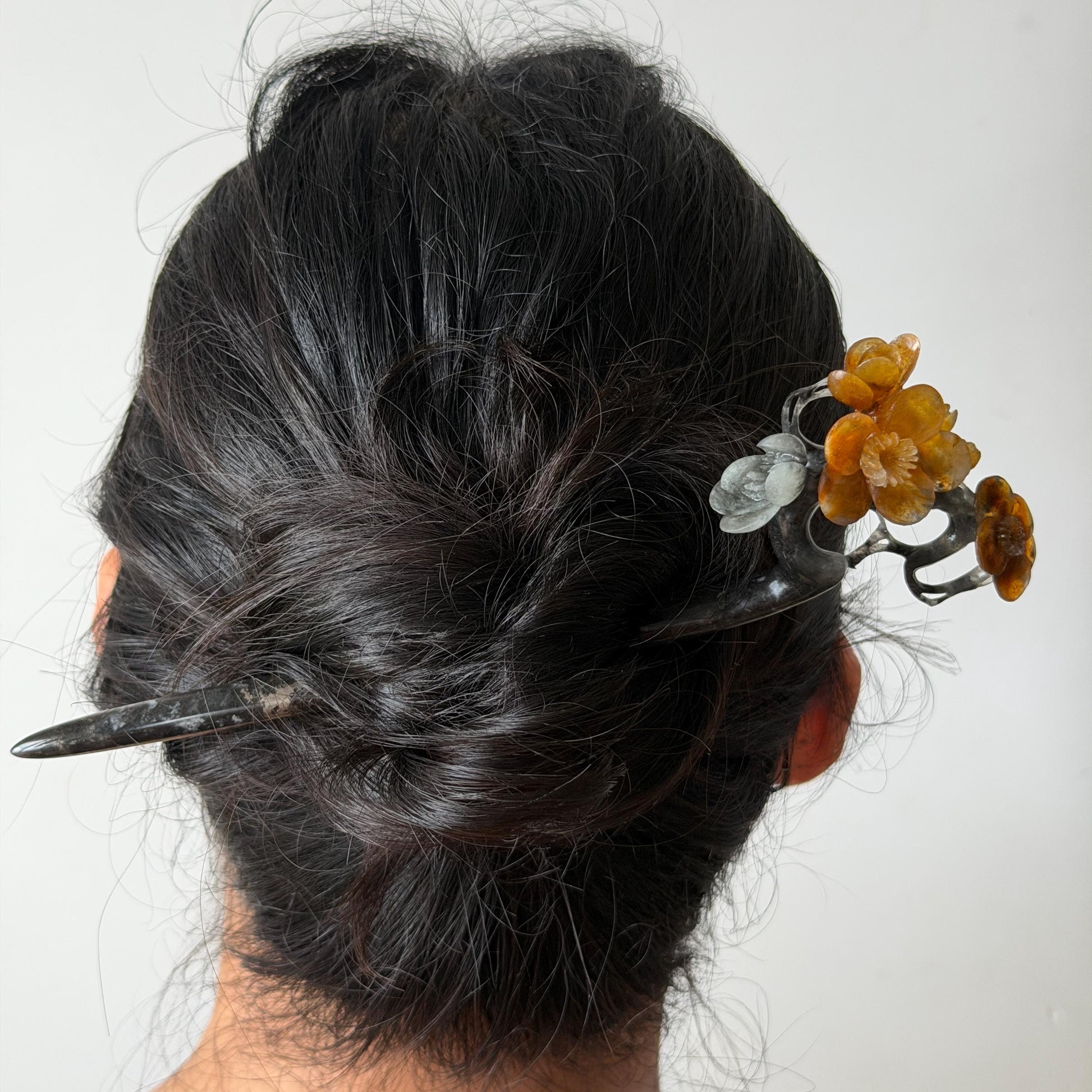 Xiu Jade Plum Blossom Flower Hand Carved Hair Pin: Natural Certified Serpentine Muticolor Black White Yellow Jade Handcrafted Flower Hair Stick | Asian Vintage Hair Fork 3D stone carving Hair Jewelry Chinese Hanfu Hair Fork gift for her yellow jade carving white jade black jade flower carving hand engraved hairpins japanese hair stick korean hair pins hair fork hair comb antique hairpins wedding headpiece engagement hair jewelry bridal shower gift wedding bridal hair accessory asian hair crown
