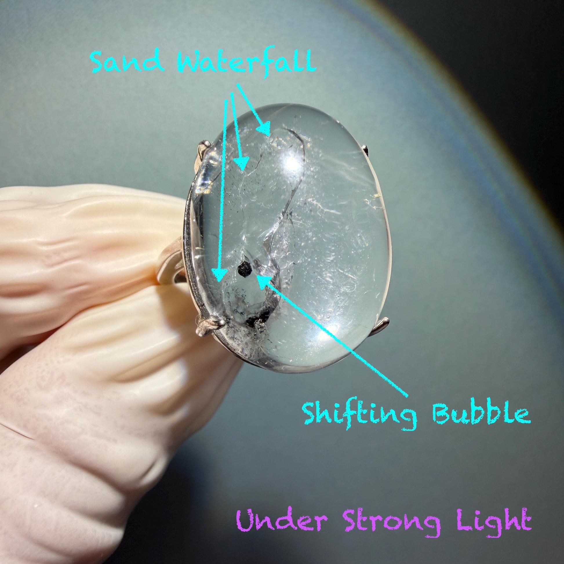 Enhydro Quartz (Herkimer Diamond) S925 Silver Adjustable Ring: Moving Sand Waterfall and Shifting Bubble Inclusion Polished Crystal Statement Ring for Women ring band ring cocktail ring crystal stackable ring 7 chakra crystal ring meditation crystal healing stone birthstone silver ring ring for men rainbow quartz inclusion quartz inclusion crystal minerals specimen silver ring free size ring adjustable ring holder rain quartz enhydro crystal inclusion crystal inclusion quartz