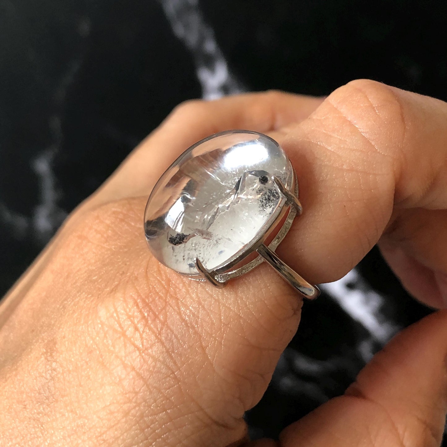Enhydro Quartz (Herkimer Diamond) S925 Silver Adjustable Ring: Moving Sand Waterfall and Shifting Bubble Inclusion Polished Crystal Statement Ring for Women ring band ring cocktail ring crystal stackable ring 7 chakra crystal ring meditation crystal healing stone birthstone silver ring ring for men rainbow quartz inclusion quartz inclusion crystal minerals specimen silver ring free size ring adjustable ring holder rain quartz enhydro crystal inclusion crystal inclusion quartz