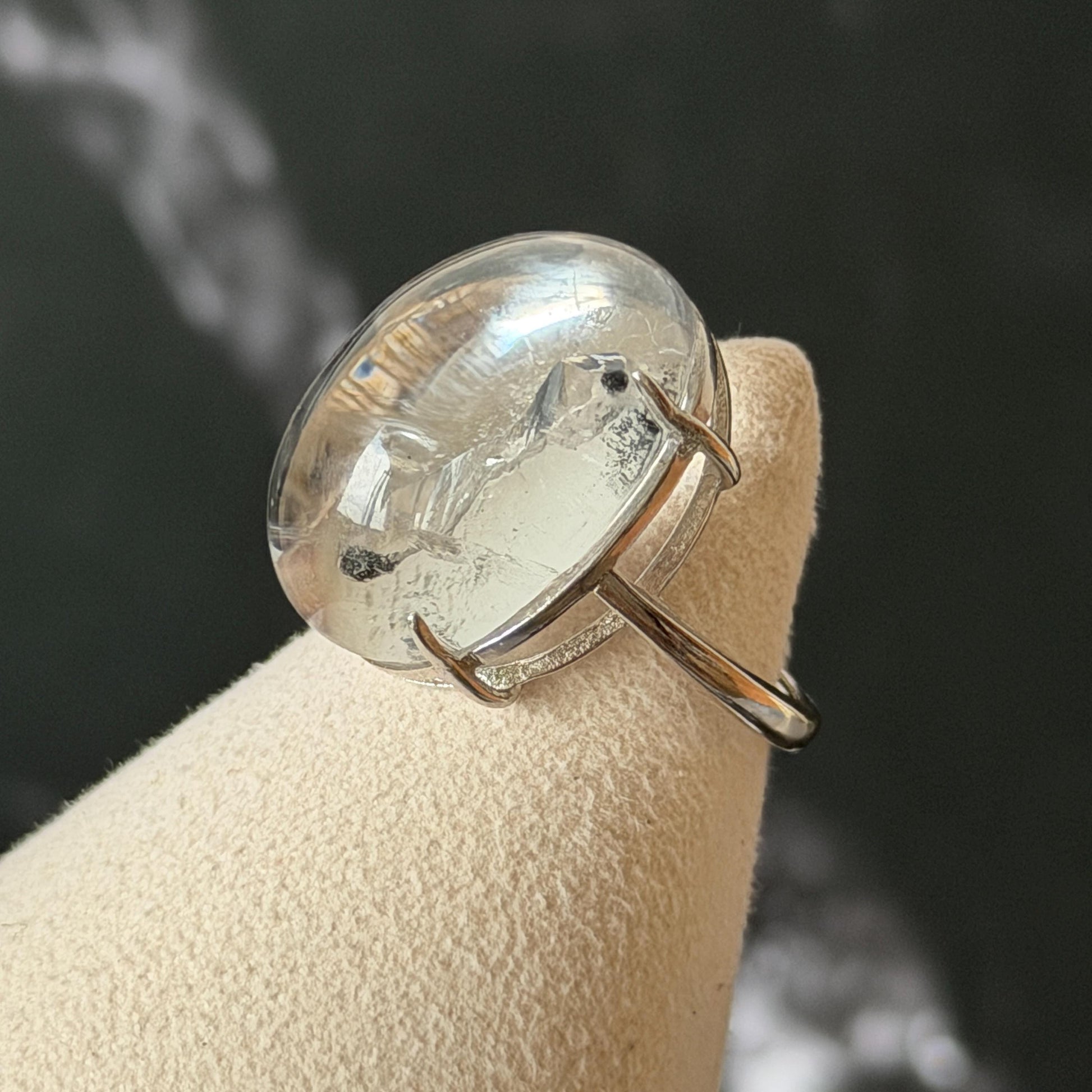 Enhydro Quartz (Herkimer Diamond) S925 Silver Adjustable Ring: Moving Sand Waterfall and Shifting Bubble Inclusion Polished Crystal Statement Ring for Women ring band ring cocktail ring crystal stackable ring 7 chakra crystal ring meditation crystal healing stone birthstone silver ring ring for men rainbow quartz inclusion quartz inclusion crystal minerals specimen silver ring free size ring adjustable ring holder rain quartz enhydro crystal inclusion crystal inclusion quartz