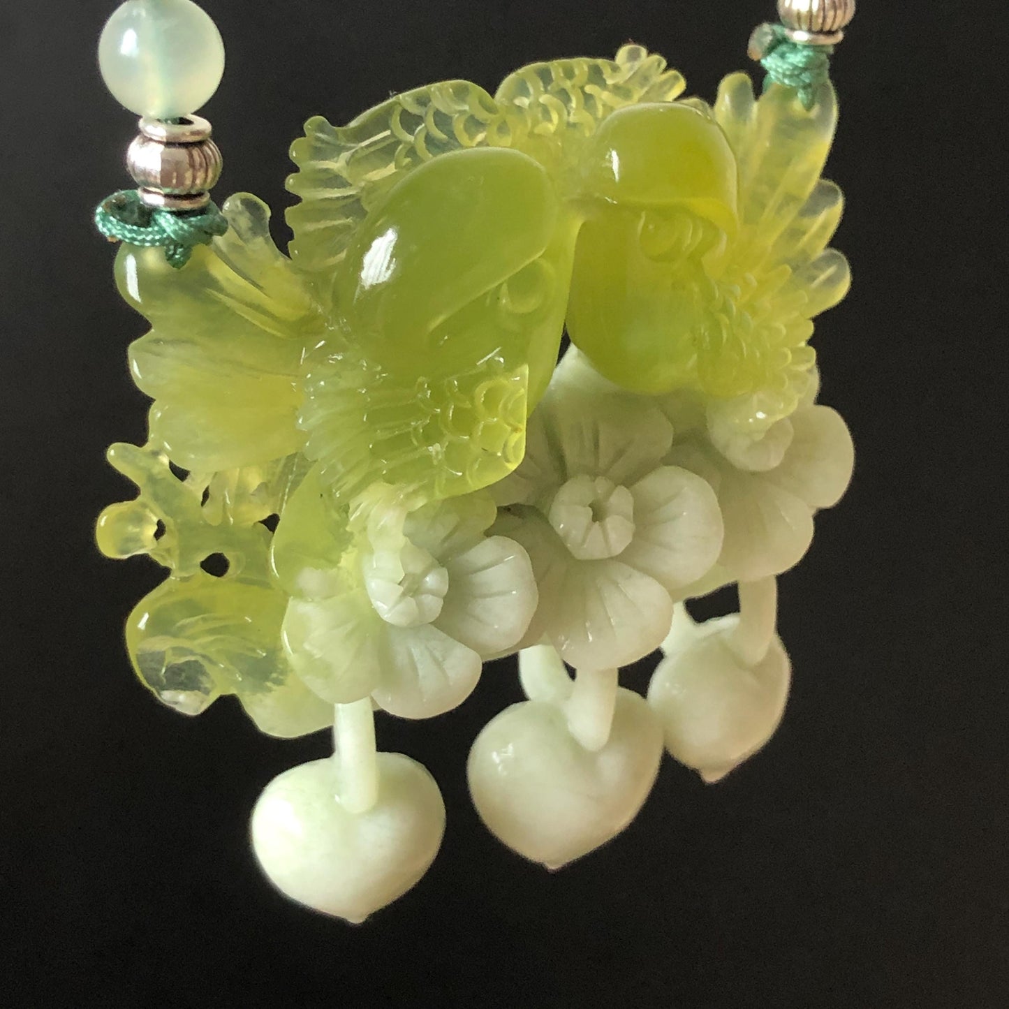 Xiu Jade Hand Carved Magpie Birds Flower Pendant Heart Dangle Adjustable Necklace: Certified Natural Serpentine Green & White Stone Crystal Gemstone Jewellery Gift for her, green jade carving white jade Braided necklace plum blossom carving flower carving hand engraved flower chinese jade pendant necklace vintage necklace antique necklace certificate jade natural untreated jade with certificate certified jade modern necklace bird carving wedding gift bridal shower gift pendant dangle