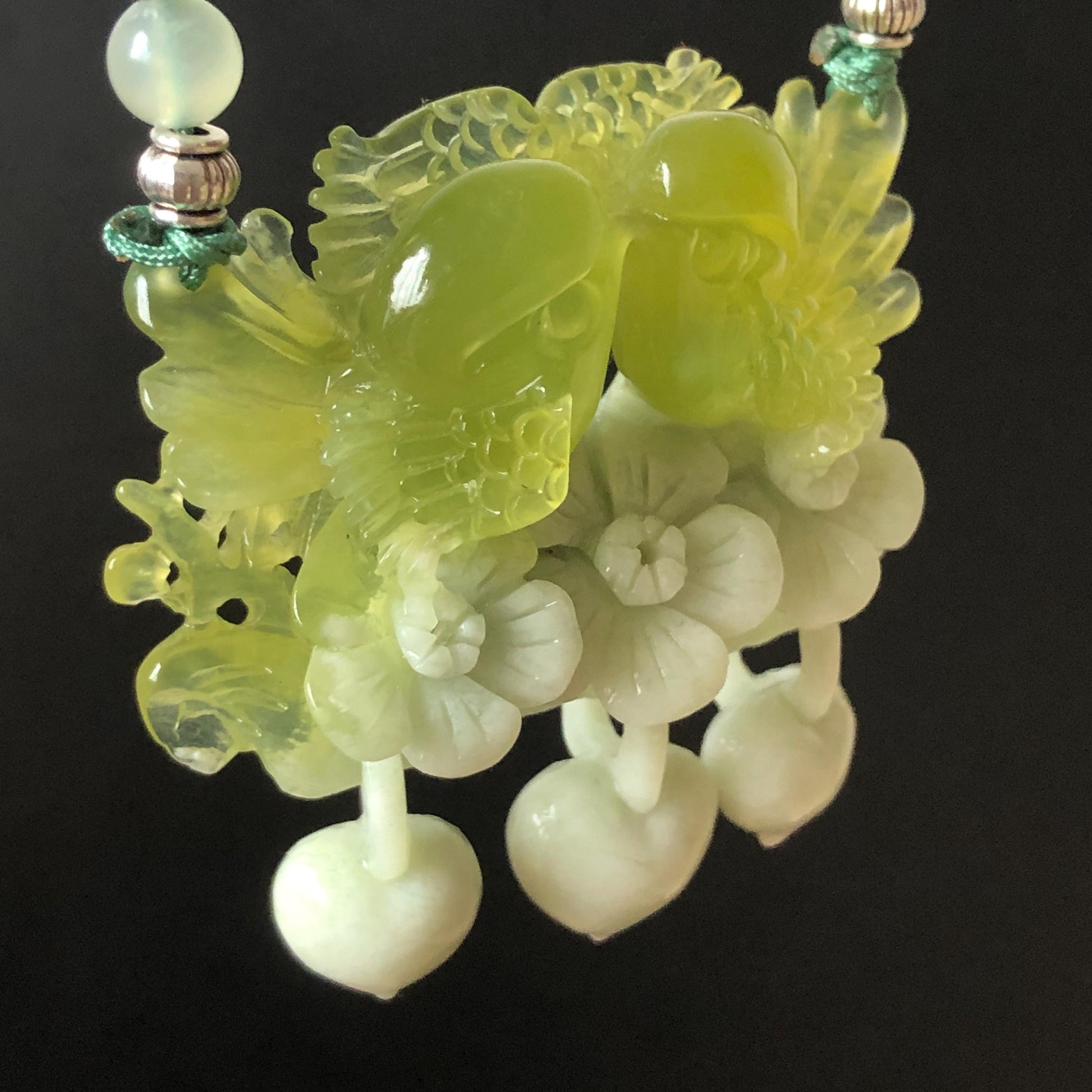 Xiu Jade Hand Carved Magpie Birds Flower Pendant Heart Dangle Adjustable Necklace: Certified Natural Serpentine Green & White Stone Crystal Gemstone Jewellery Gift for her, green jade carving white jade Braided necklace plum blossom carving flower carving hand engraved flower chinese jade pendant necklace vintage necklace antique necklace certificate jade natural untreated jade with certificate certified jade modern necklace bird carving wedding gift bridal shower gift pendant dangle