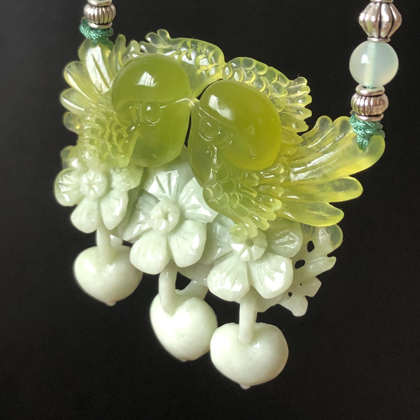 Xiu Jade Hand Carved Magpie Birds Flower Pendant Heart Dangle Adjustable Necklace: Certified Natural Serpentine Green & White Stone Crystal Gemstone Jewellery Gift for her, green jade carving white jade Braided necklace plum blossom carving flower carving hand engraved flower chinese jade pendant necklace vintage necklace antique necklace certificate jade natural untreated jade with certificate certified jade modern necklace bird carving wedding gift bridal shower gift pendant dangle