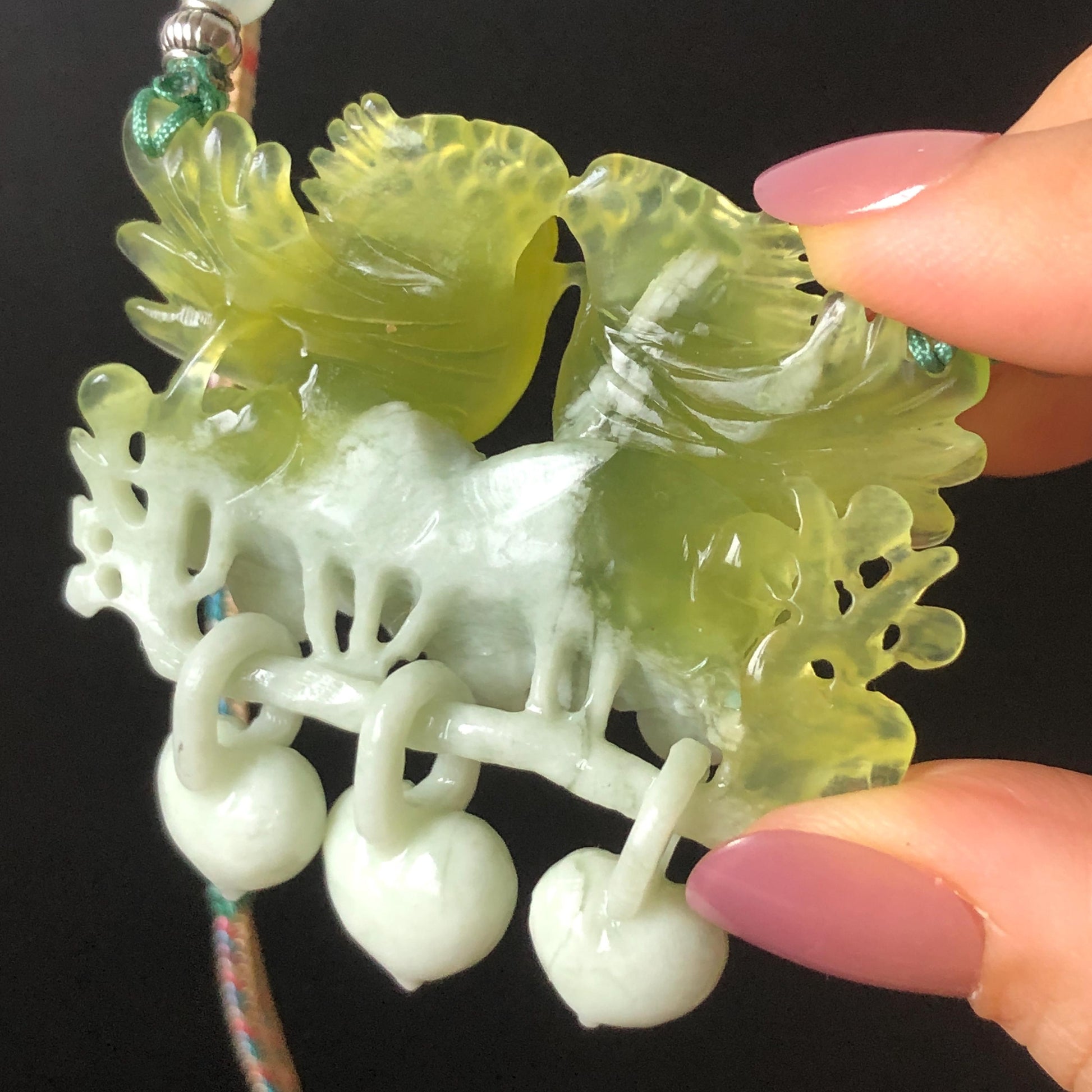 Xiu Jade Hand Carved Magpie Birds Flower Pendant Heart Dangle Adjustable Necklace: Certified Natural Serpentine Green & White Stone Crystal Gemstone Jewellery Gift for her, green jade carving white jade Braided necklace plum blossom carving flower carving hand engraved flower chinese jade pendant necklace vintage necklace antique necklace certificate jade natural untreated jade with certificate certified jade modern necklace bird carving wedding gift bridal shower gift pendant dangle