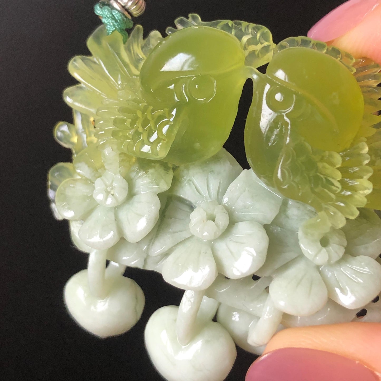 Xiu Jade Hand Carved Magpie Birds Flower Pendant Heart Dangle Adjustable Necklace: Certified Natural Serpentine Green & White Stone Crystal Gemstone Jewellery Gift for her, green jade carving white jade Braided necklace plum blossom carving flower carving hand engraved flower chinese jade pendant necklace vintage necklace antique necklace certificate jade natural untreated jade with certificate certified jade modern necklace bird carving wedding gift bridal shower gift pendant dangle