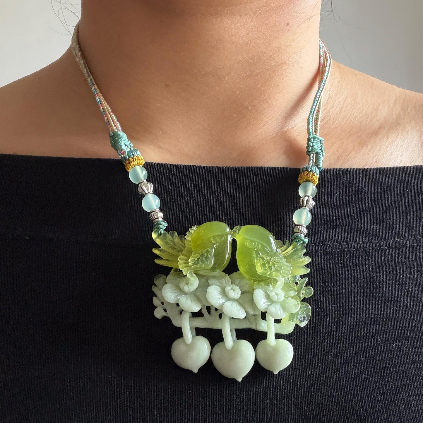 Xiu Jade Hand Carved Magpie Birds Flower Pendant Heart Dangle Adjustable Necklace: Certified Natural Serpentine Green & White Stone Crystal Gemstone Jewellery Gift for her, green jade carving white jade Braided necklace plum blossom carving flower carving hand engraved flower chinese jade pendant necklace vintage necklace antique necklace certificate jade natural untreated jade with certificate certified jade modern necklace bird carving wedding gift bridal shower gift pendant dangle