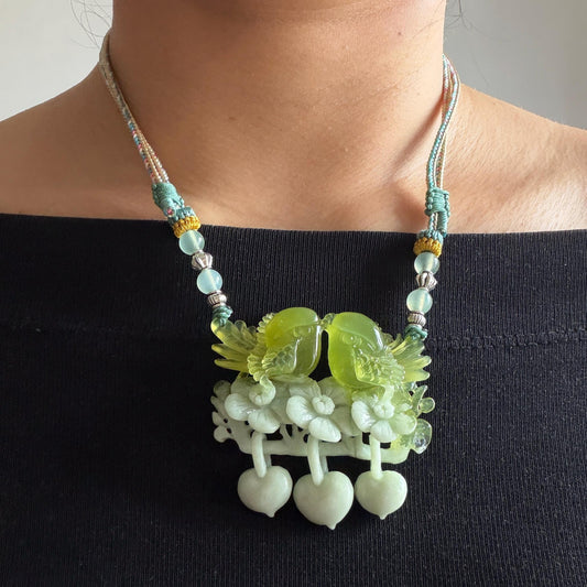 Xiu Jade Hand Carved Magpie Birds Flower Pendant Heart Dangle Adjustable Necklace: Certified Natural Serpentine Green & White Stone Crystal Gemstone Jewellery Gift for her, green jade carving white jade Braided necklace plum blossom carving flower carving hand engraved flower chinese jade pendant necklace vintage necklace antique necklace certificate jade natural untreated jade with certificate certified jade modern necklace bird carving wedding gift bridal shower gift pendant dangle