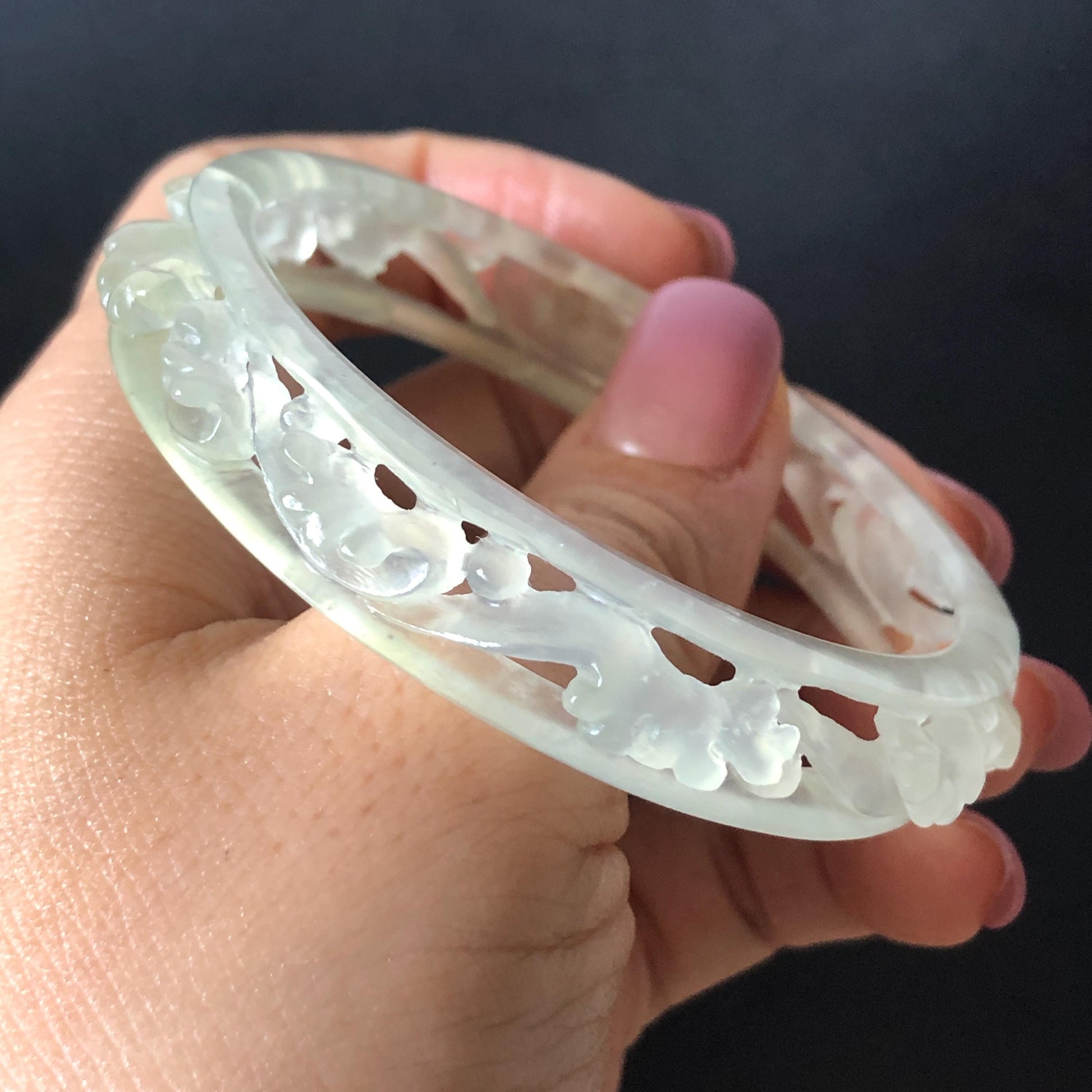 Custom Size 50-65mm! Xiu Jade Sea Wave Hand Carved Bangle: Certified Natural Serpentine Ice White  Jade handcrafted Bracelet 3D stone carving hollow out carving Accept Customized order tailor-made bangle customized gift for her custom size bangle natural jade with certificate bracelet certified white jade carving hand engraved jewelry carving personalized gift make to order antique bracelet chinese untreated jade with certificate birthday gift good fortune icy jade
