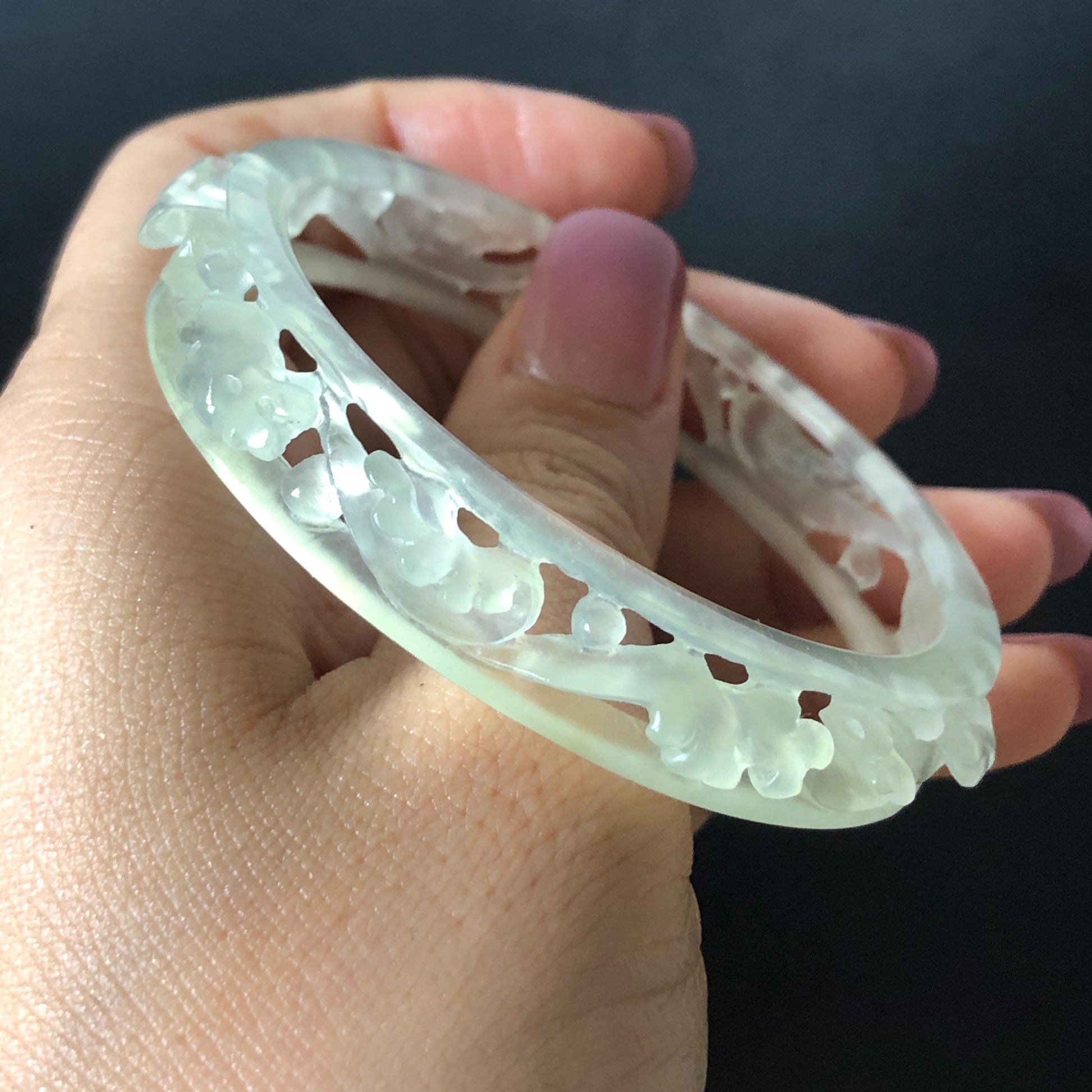 Custom Size 50-65mm! Xiu Jade Sea Wave Hand Carved Bangle: Certified Natural Serpentine Ice White  Jade handcrafted Bracelet 3D stone carving hollow out carving Accept Customized order tailor-made bangle customized gift for her custom size bangle natural jade with certificate bracelet certified white jade carving hand engraved jewelry carving personalized gift make to order antique bracelet chinese untreated jade with certificate birthday gift good fortune icy jade