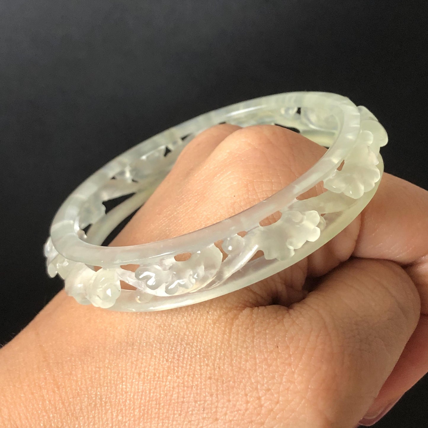 Custom Size 50-65mm! Xiu Jade Sea Wave Hand Carved Bangle: Certified Natural Serpentine Ice White  Jade handcrafted Bracelet 3D stone carving hollow out carving Accept Customized order tailor-made bangle customized gift for her custom size bangle natural jade with certificate bracelet certified white jade carving hand engraved jewelry carving personalized gift make to order antique bracelet chinese untreated jade with certificate birthday gift good fortune icy jade