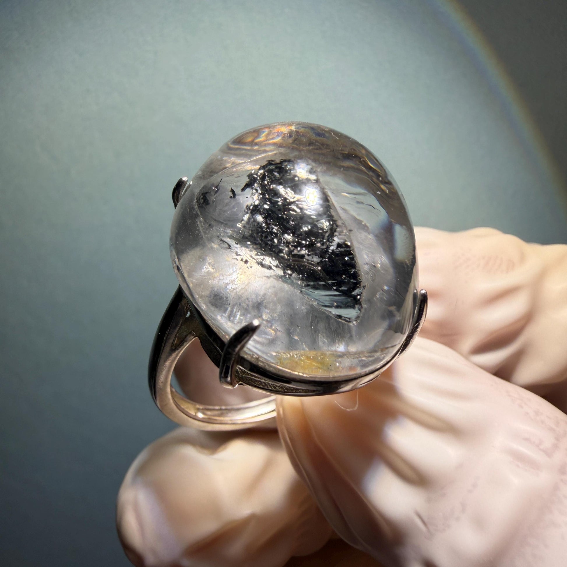 Polished Enhydro Quartz (Herkimer Diamond) S925 Silver Adjustable Ring: Moving Black Mica Sand and Bubble Inclusion in Triangle Chamber | Crystal Statement Ring for Women ring crystal band ring crystal cocktail ring crystal stackable ring 7 chakra crystal ring meditation crystal healing stone birthstone silver ring ring for men rainbow quartz inclusion quartz inclusion crystal minerals specimen silver ring free size ring adjustable ring holder rain quartz quick sand inclusion water inclusion
