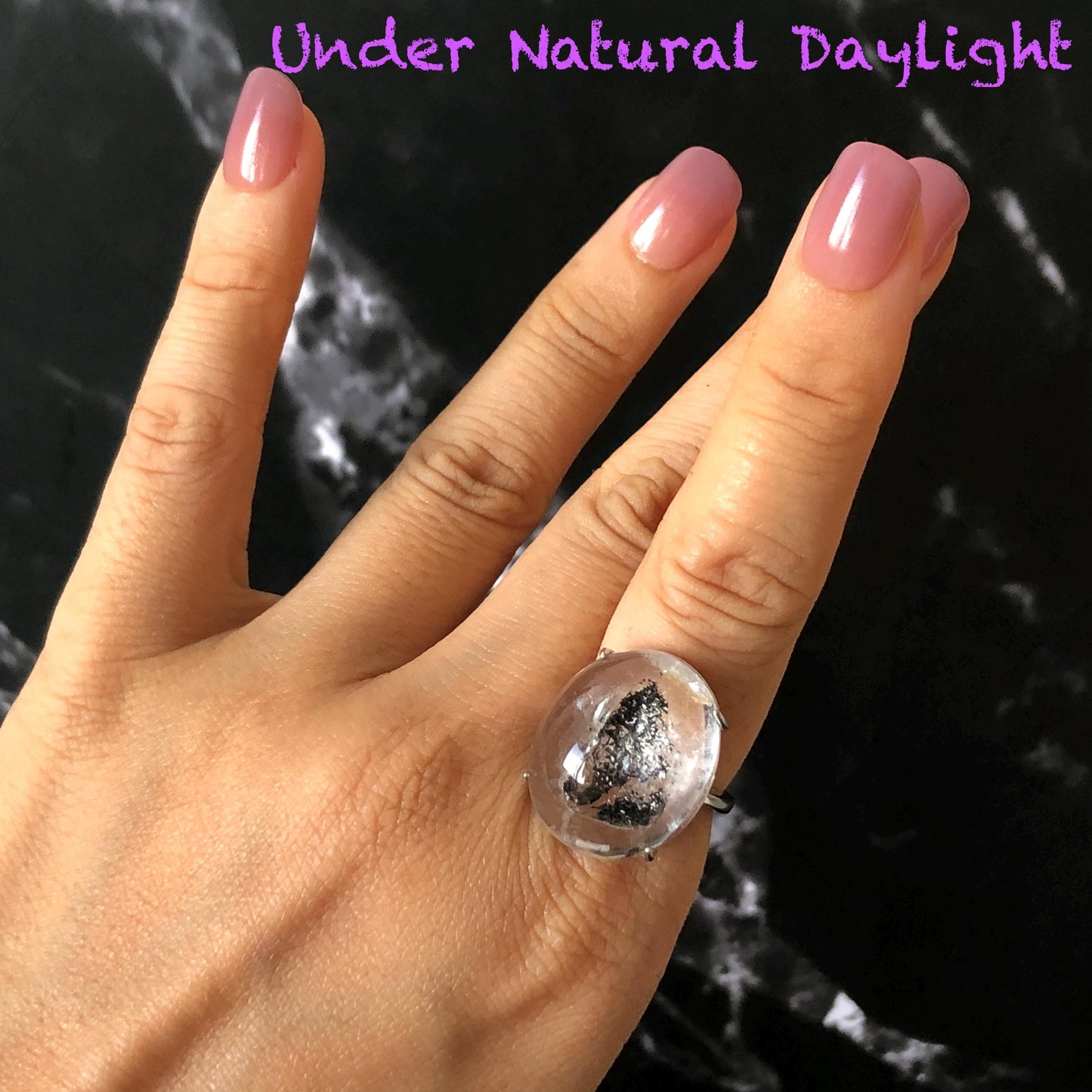 Polished Enhydro Quartz (Herkimer Diamond) S925 Silver Adjustable Ring: Moving Black Mica Sand and Bubble Inclusion in Triangle Chamber | Crystal Statement Ring for Women ring crystal band ring crystal cocktail ring crystal stackable ring 7 chakra crystal ring meditation crystal healing stone birthstone silver ring ring for men rainbow quartz inclusion quartz inclusion crystal minerals specimen silver ring free size ring adjustable ring holder rain quartz quick sand inclusion water inclusion