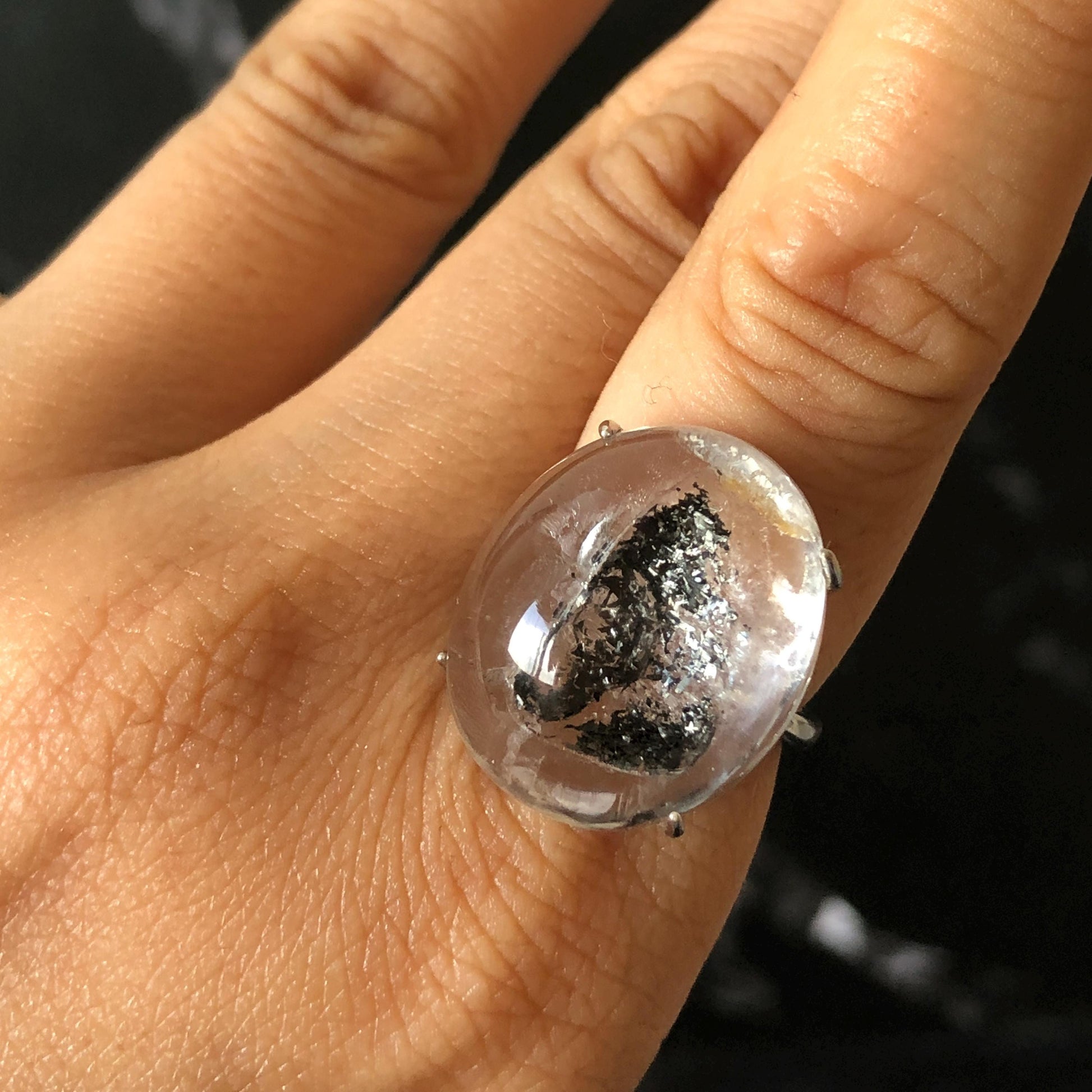 Polished Enhydro Quartz (Herkimer Diamond) S925 Silver Adjustable Ring: Moving Black Mica Sand and Bubble Inclusion in Triangle Chamber | Crystal Statement Ring for Women ring crystal band ring crystal cocktail ring crystal stackable ring 7 chakra crystal ring meditation crystal healing stone birthstone silver ring ring for men rainbow quartz inclusion quartz inclusion crystal minerals specimen silver ring free size ring adjustable ring holder rain quartz quick sand inclusion water inclusion