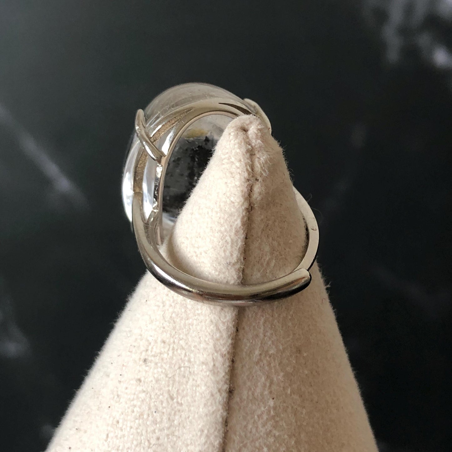 Polished Enhydro Quartz (Herkimer Diamond) S925 Silver Adjustable Ring: Moving Black Mica Sand and Bubble Inclusion in Triangle Chamber | Crystal Statement Ring for Women ring crystal band ring crystal cocktail ring crystal stackable ring 7 chakra crystal ring meditation crystal healing stone birthstone silver ring ring for men rainbow quartz inclusion quartz inclusion crystal minerals specimen silver ring free size ring adjustable ring holder rain quartz quick sand inclusion water inclusion
