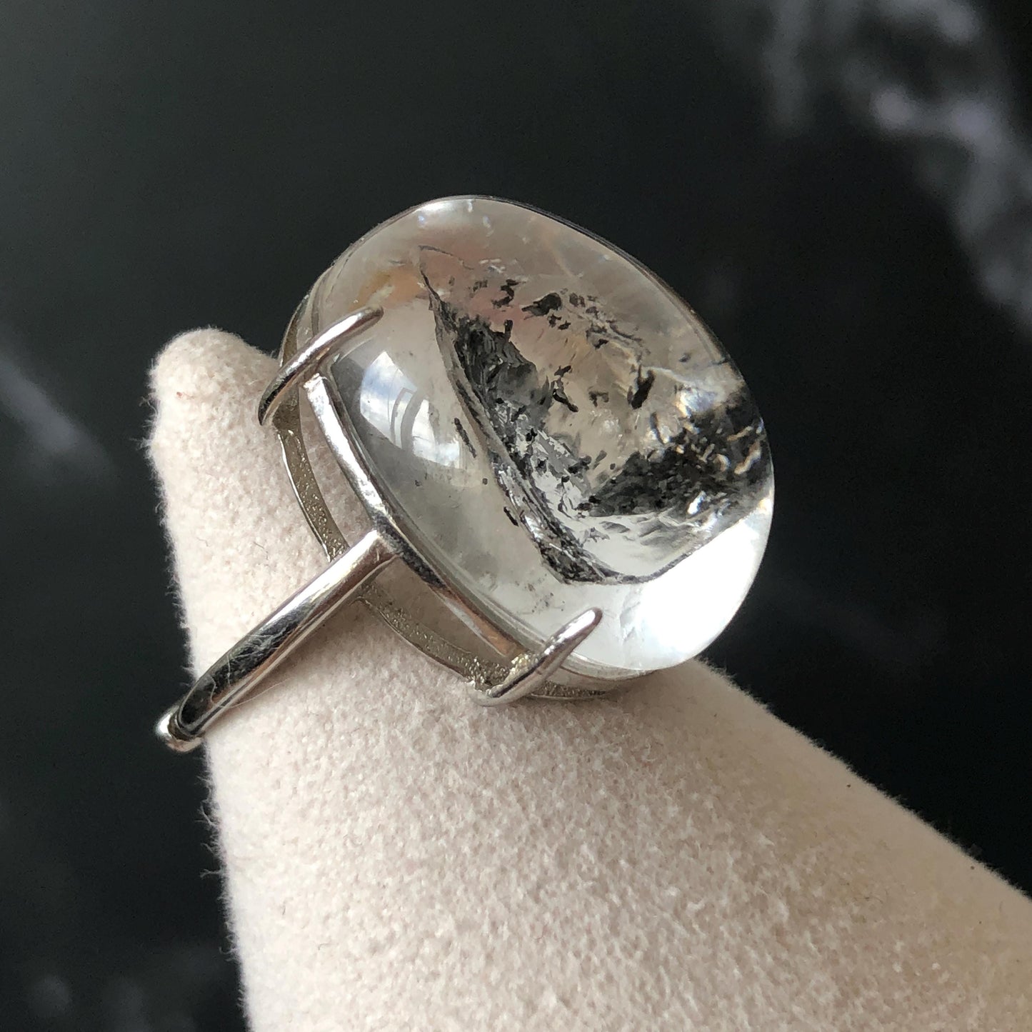 Polished Enhydro Quartz (Herkimer Diamond) S925 Silver Adjustable Ring: Moving Black Mica Sand and Bubble Inclusion in Triangle Chamber | Crystal Statement Ring for Women ring crystal band ring crystal cocktail ring crystal stackable ring 7 chakra crystal ring meditation crystal healing stone birthstone silver ring ring for men rainbow quartz inclusion quartz inclusion crystal minerals specimen silver ring free size ring adjustable ring holder rain quartz quick sand inclusion water inclusion