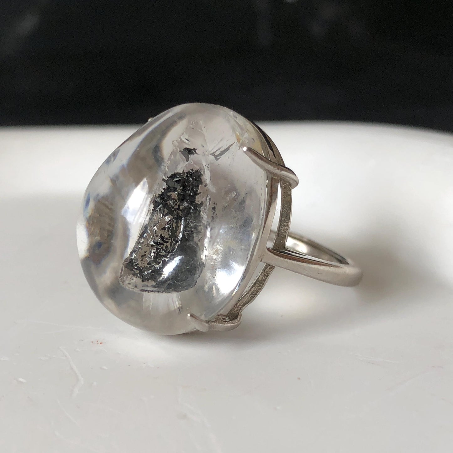 Polished Enhydro Quartz (Herkimer Diamond) S925 Silver Adjustable Ring: Moving Black Mica Sand and Bubble Inclusion in Triangle Chamber | Crystal Statement Ring for Women ring crystal band ring crystal cocktail ring crystal stackable ring 7 chakra crystal ring meditation crystal healing stone birthstone silver ring ring for men rainbow quartz inclusion quartz inclusion crystal minerals specimen silver ring free size ring adjustable ring holder rain quartz quick sand inclusion water inclusion